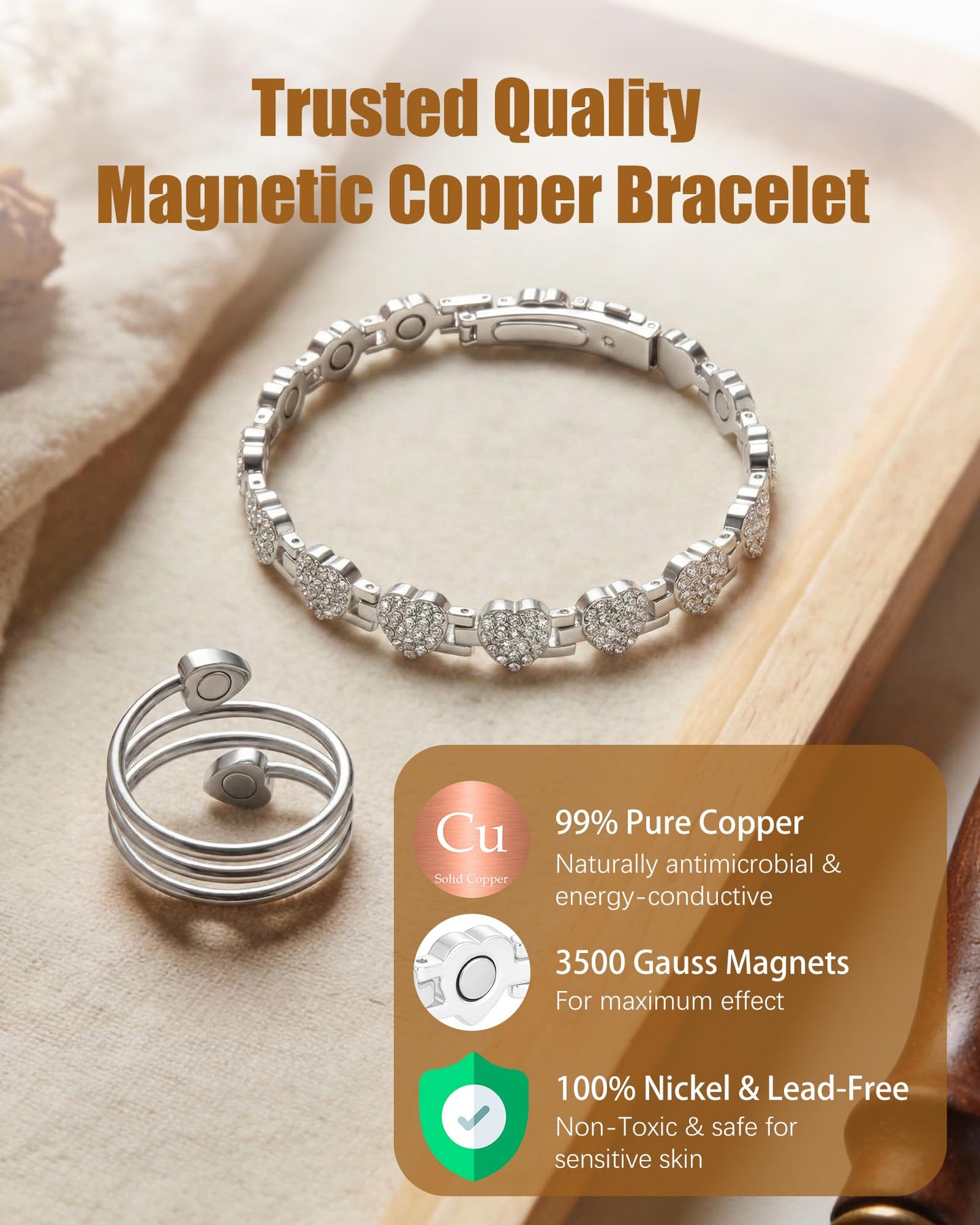 Jeracol Copper Bracelet & Ring for Women, Ultra Strength Magnetic Bracelet with 3800 Gauss Neodymium Magnets, Heart & Crystal Diamonds, Adjustable Tools and Jewelry Gift Box(Silver)