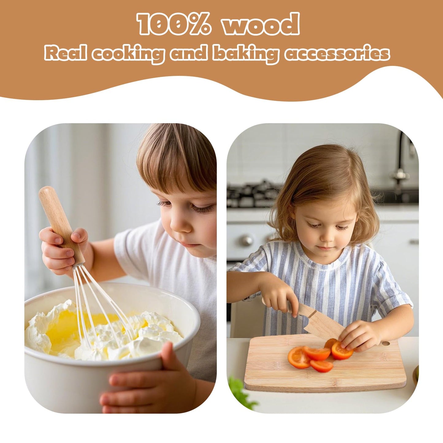 IHFAIO Kids Knife Set for Real Cooking, 8 PCs Kids Cooking Sets for Little Chef, Nature Wood Utensil