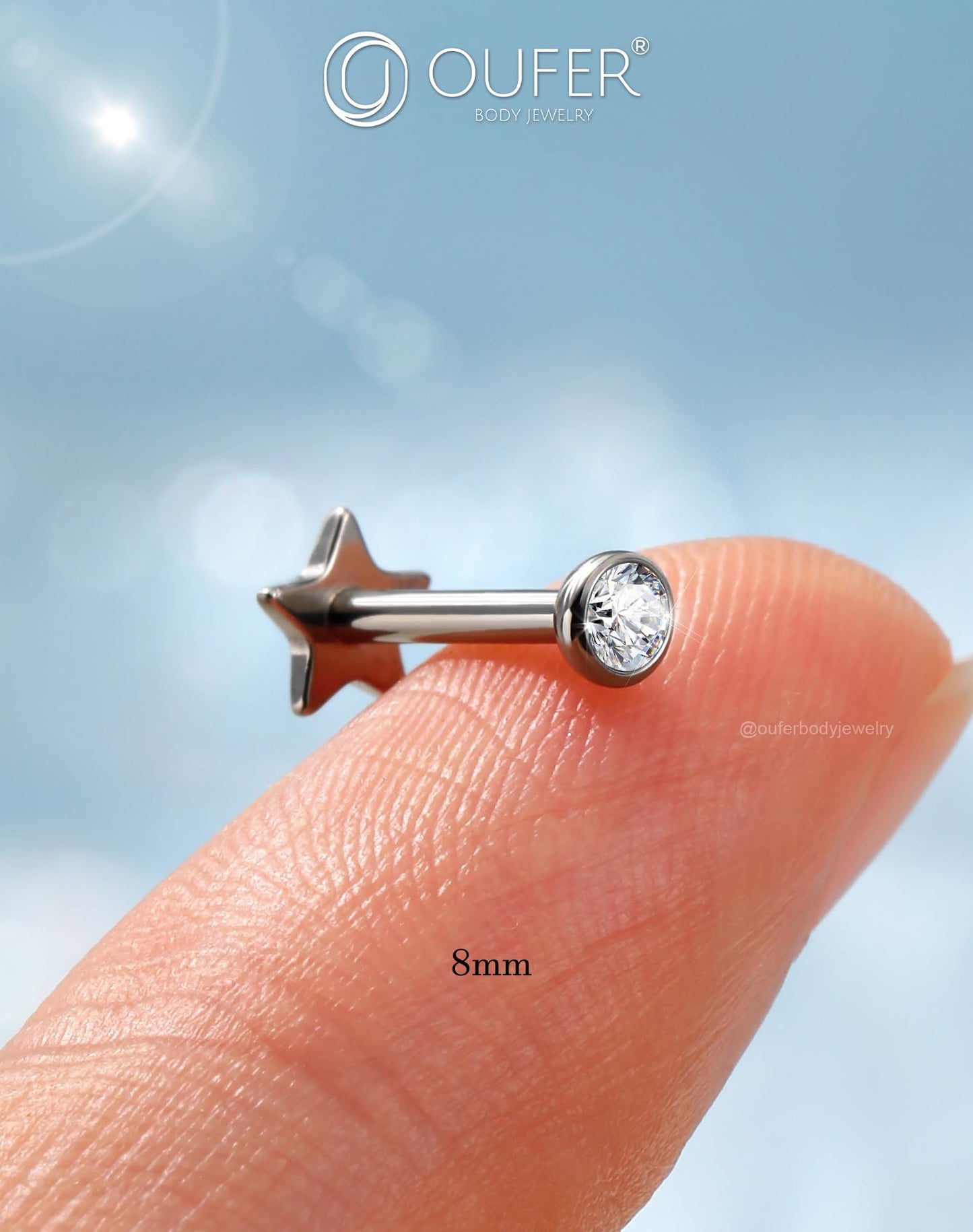 OUFER 2Pcs Tragus Piercing Jewelry, 16G G23 Solid Titanium Threadless Stud Earrings Flat Back Star Shaped 3MM CZ Silver Helix Cartilage Conch Tragus Earrings for Women Men-8MM