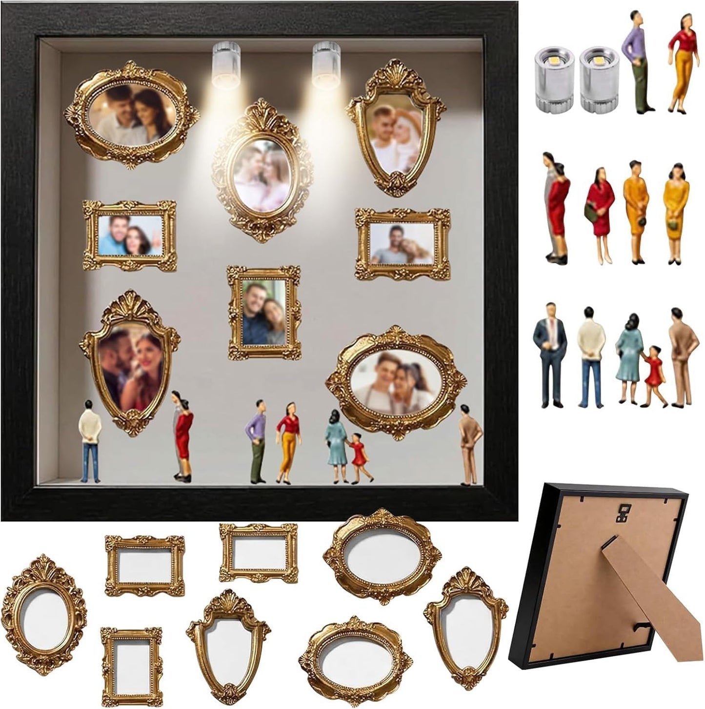 DIY Silhouette Shadow Box Frame Kit, Mini Gold Photo Display with Figurines, Custom Memory Collage Frame for Pictures, Crafts & Home Decor Gift (Black)