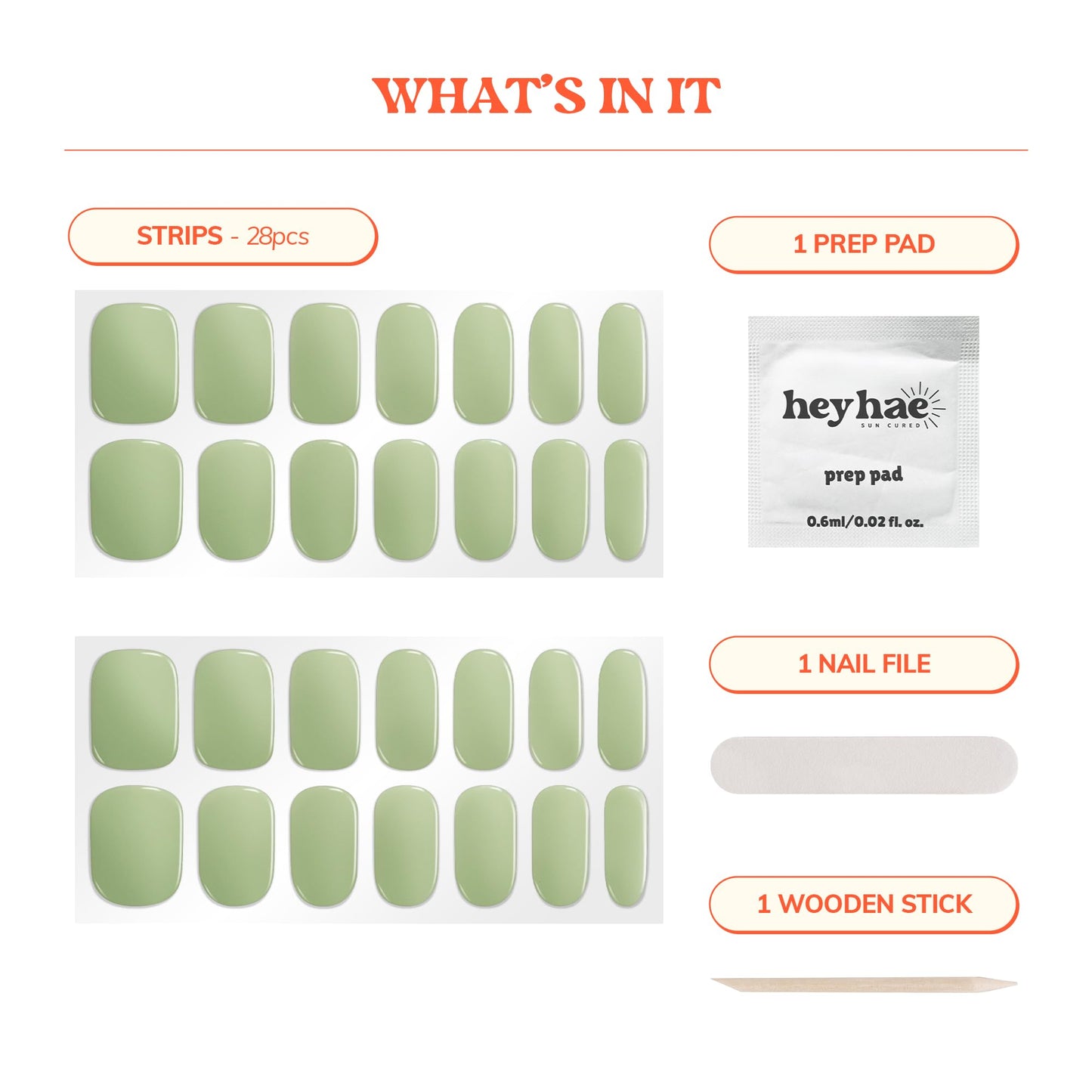 Heyhae Semi Cured Gel Nail Strips | No LED Lamp Needed | Solid, Green, Spring | Easy Apply & Remove, Salon Quality | Includes 28 Strips, 1 Prep Pads, Nail File & Wooden Stick - Hey, Matcha Girly