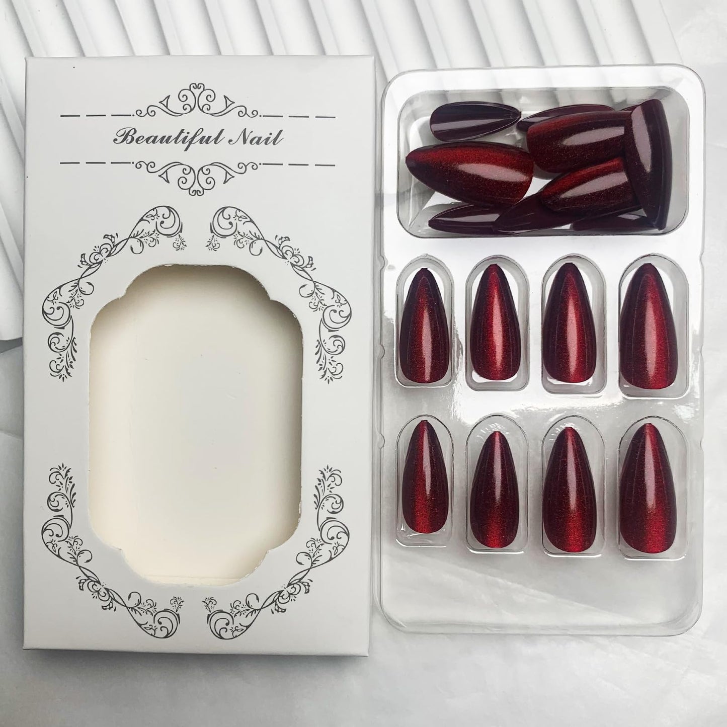 TOGZOM Red Almond Press on Nails Medium Cat Eye Fake Nails Glossy Shiny Acrylic Nails Ombre Glue on Nails Stiletto Artificial False Nails Wine Red Stick on Nails for Women Manicure 24Pcs, Style1