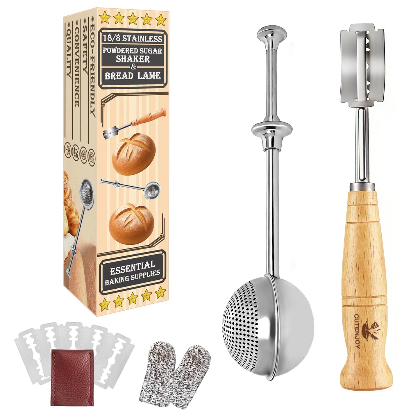 CUTENJOY Bread Lame and Flour Duster, 304 Stainless Steel Bread Baking Supplies with Razor Blades & Leather Cover, Professional Bread Scoring Knife, Flour Duster for Baking