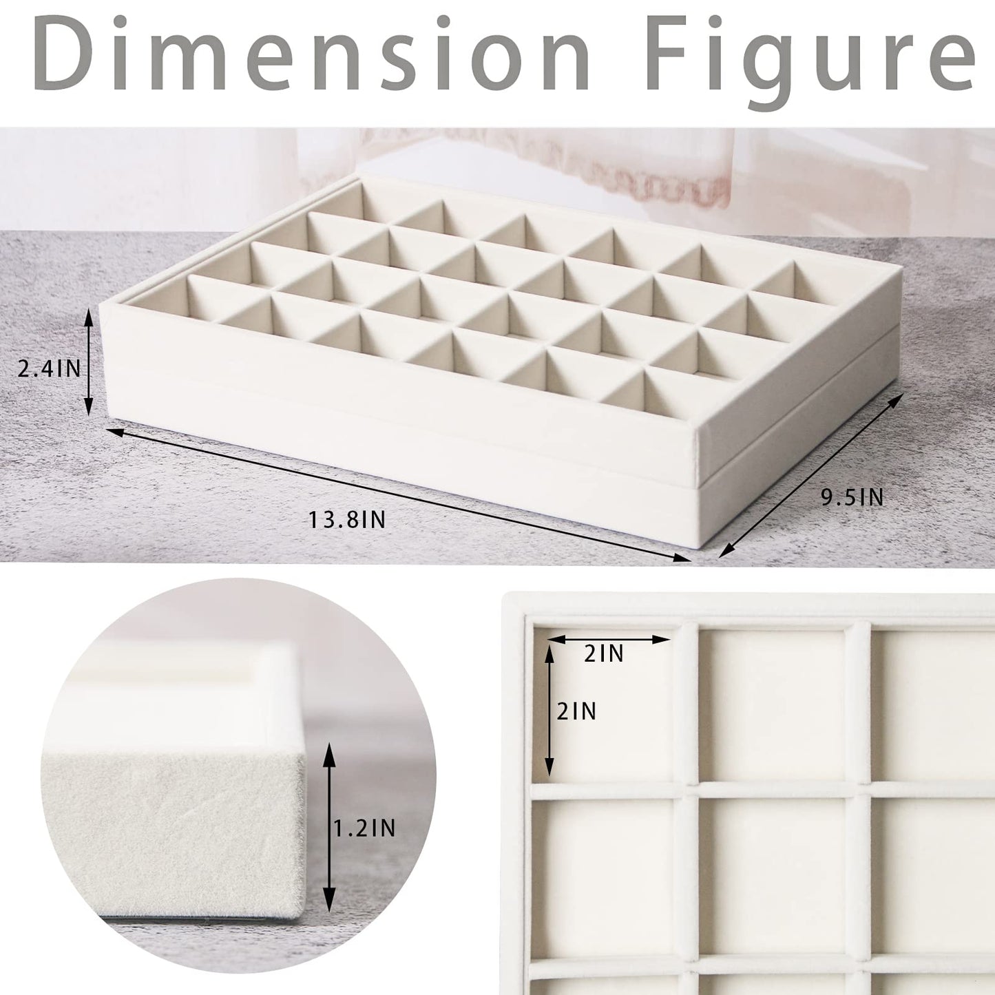 Coward 2PC Stackable 24 Gird Jewelry Organizer Tray Necklace Earring Box Storage Drawer Ring Bracelet Display Holder (beige(24grid+24grid))