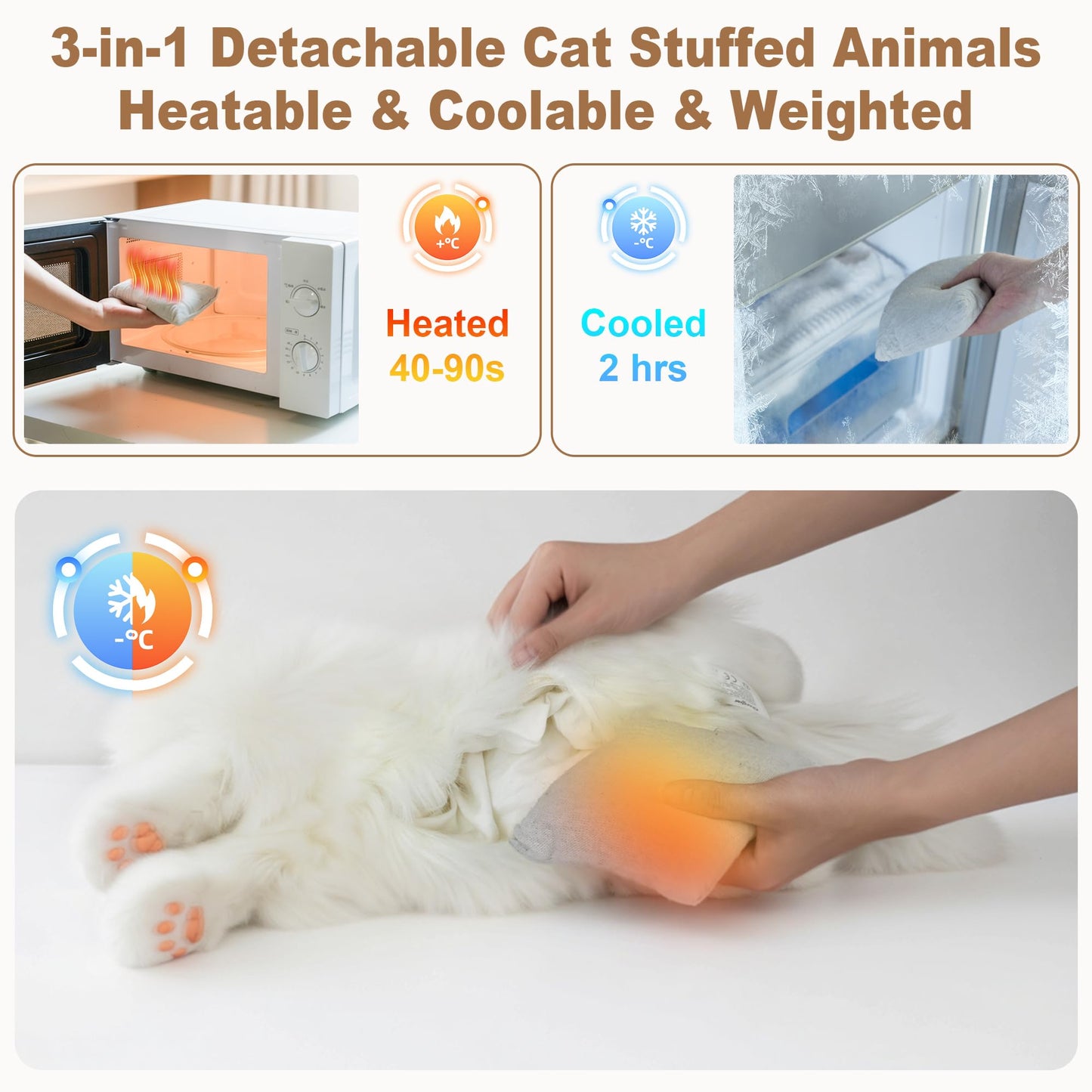 Chongker Microwavable & Weighted Stuffed Animals, 2 lbs Heated Stuffed Animal Cat Plushie with Removable Unscented Heating Pad for Belly Neck Shoulders, Plush Toys for Adults Children (White+Black)