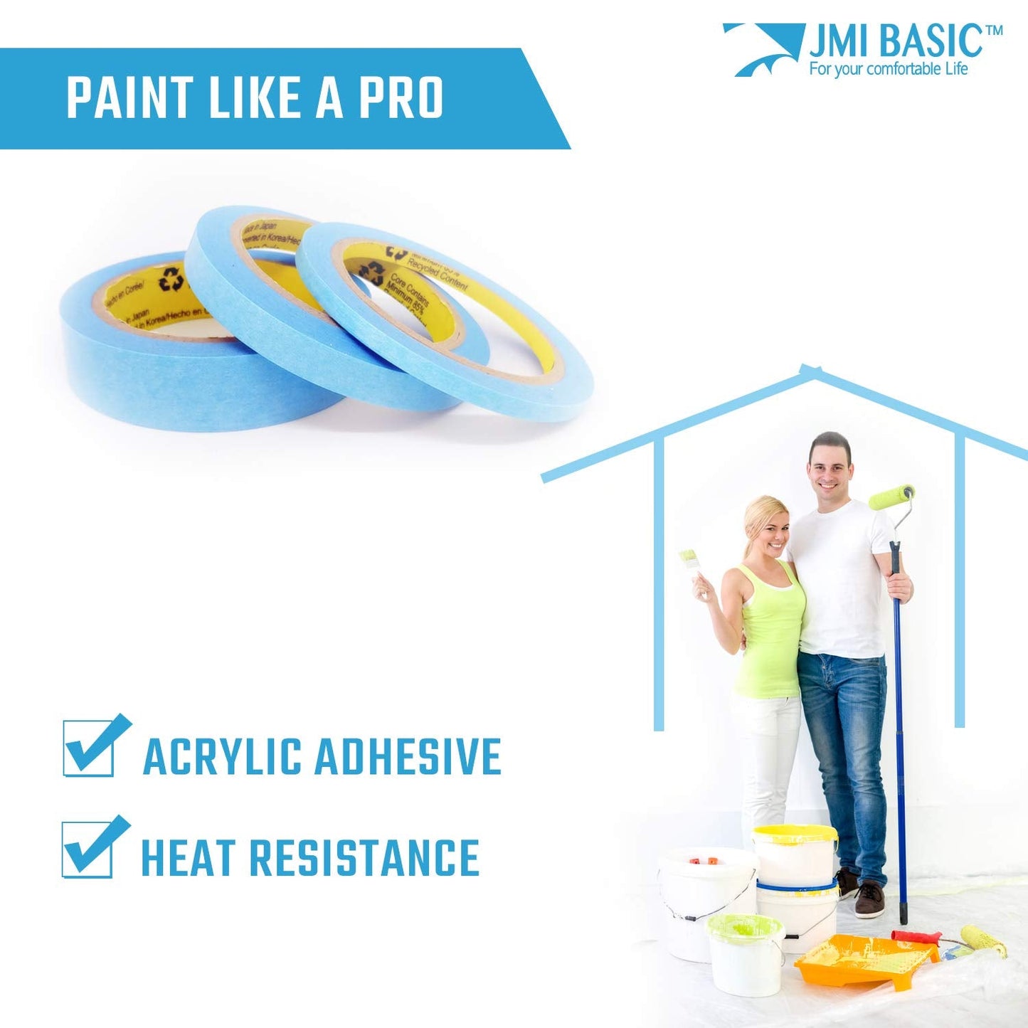 Blue Painters Tape Washi Paper - Assorted Size Multi Pack 44 Yard - No Residue Masking Tape for Painting Drafting Craft - Delicate Surfaces - Heat Resistant - Thin Thick (1/4 x 1/2 x 1 Inch - 6pK)