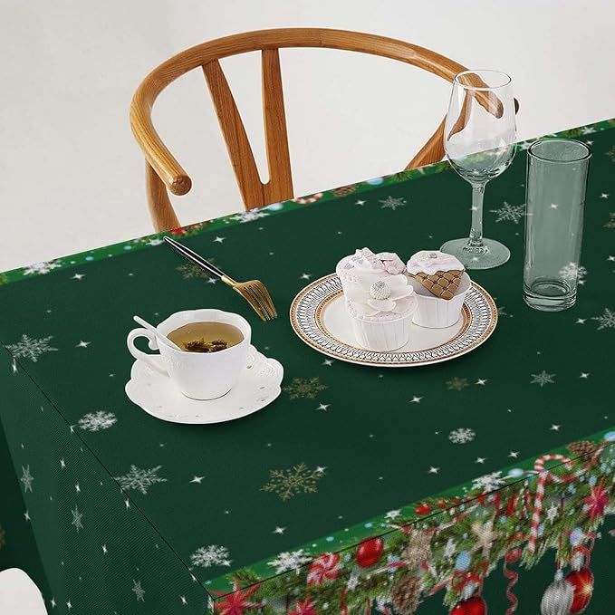 YCness Christmas Snowflakes Tablecloth, Christmas Ornament Ball Colorful Green Golden White Table Cover for Dinner Birthday Holiday Party Kitchen Colorful Red White Table Decor 55x75 Inch