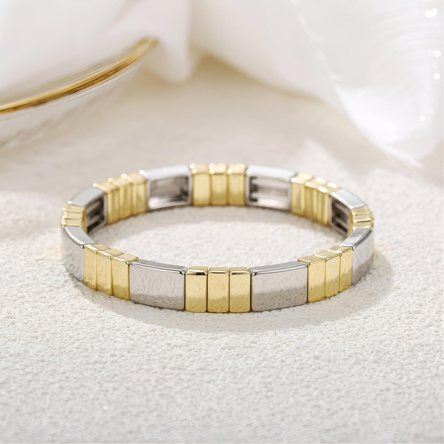 AOLIMI 18k Gold Plated and Silver Bracelet for Women Trendy Two Tone Square Stretch Bracelets Stackable Jewelry