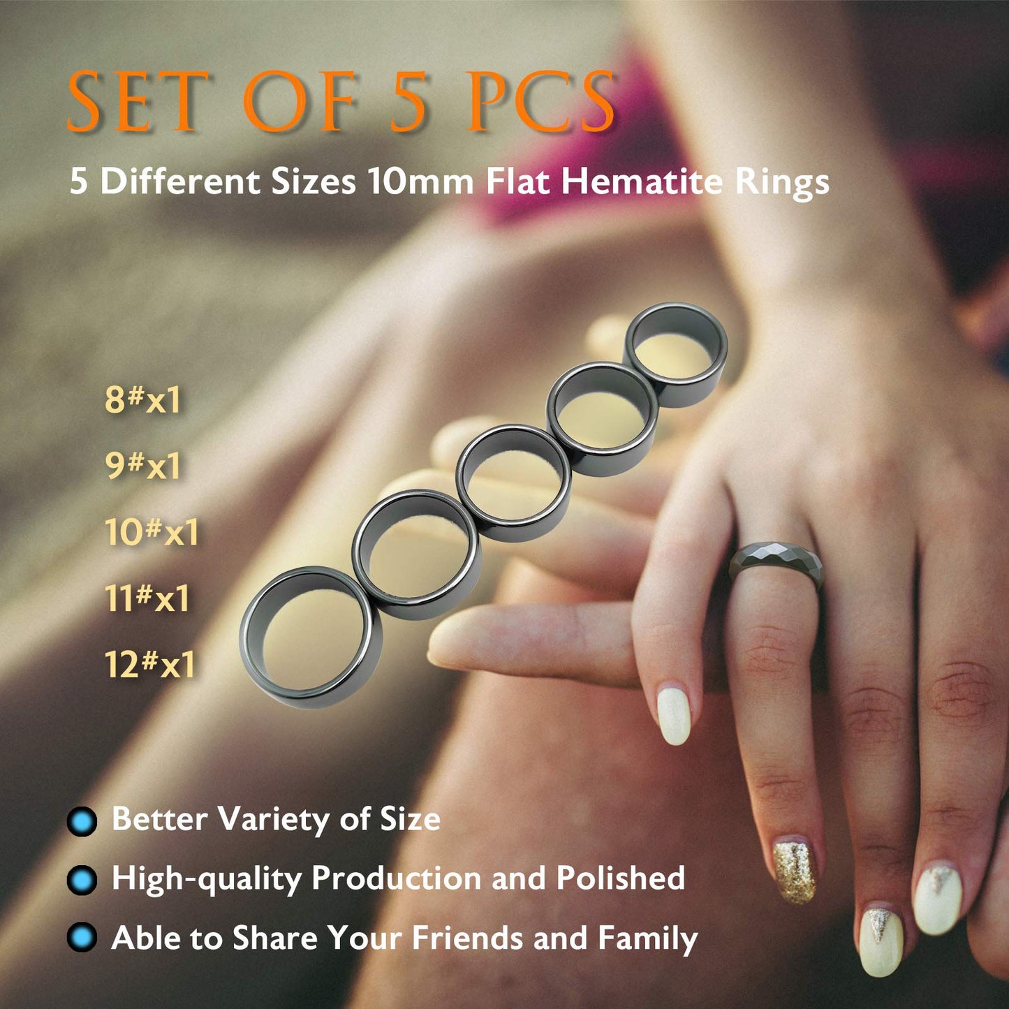 Morchic 5Pcs Pack Hematite Stone Rings for Women & Men, Unisex Flat Band Set (10mm Width) - Mixed Sizes 8-12, Chakra Balancing, Polished Gemstone, Gift Ready
