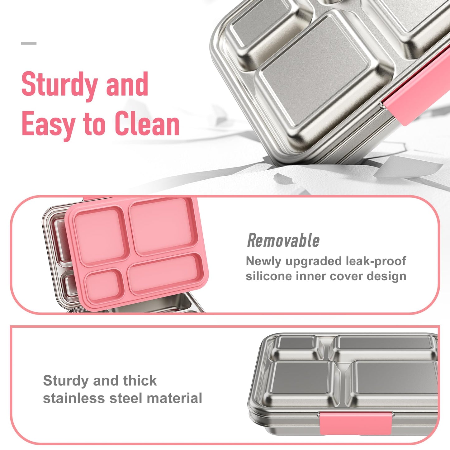 BABHAMNESS Stainless Steel Kids Bento Lunch Box, 4-Compartments with Silicone Container, Dishwasher-Safe, Child-Friendly Design for School and Travel,BPA-Free(Pink)