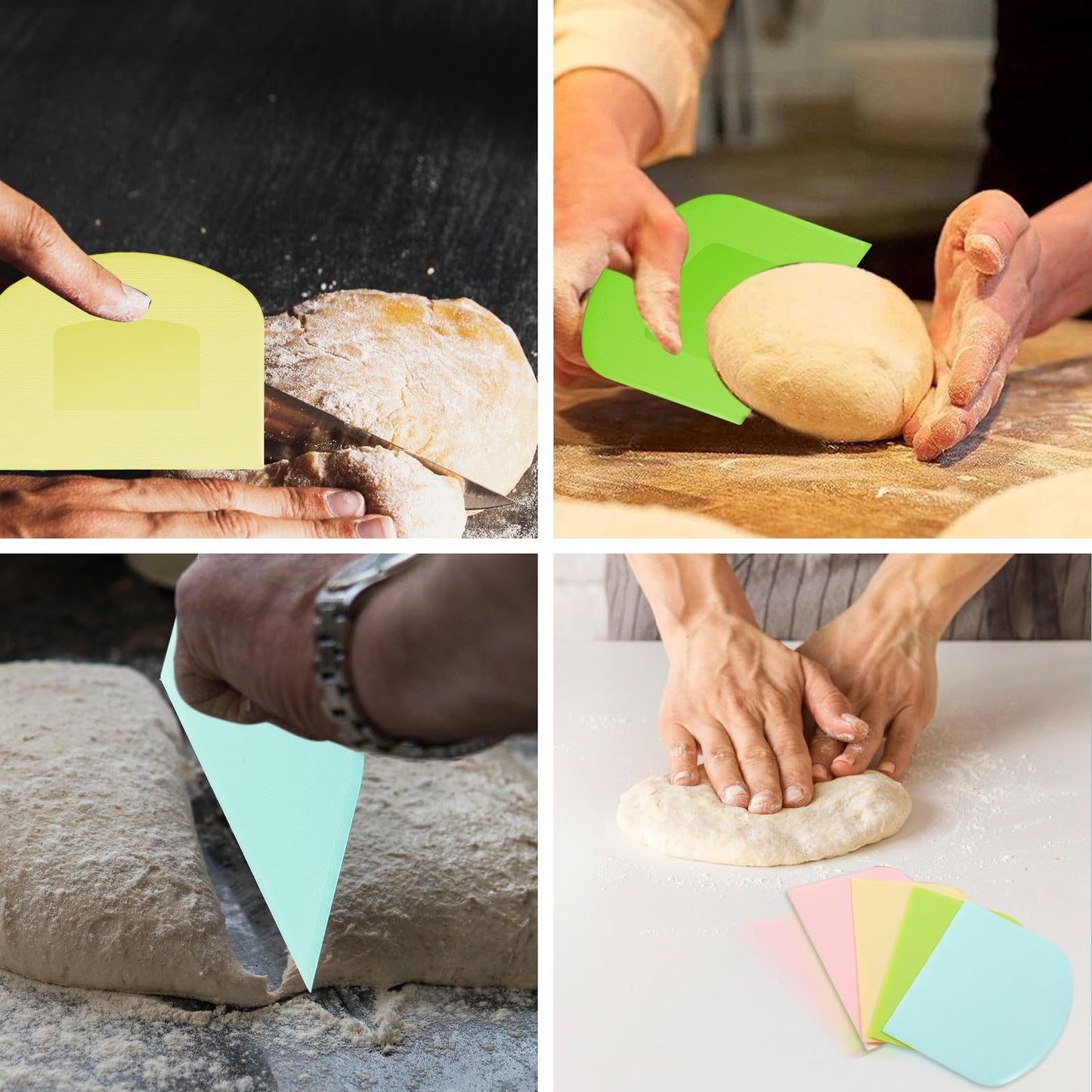 24 Pcs Bench Scraper Dough Scraper for Baking, BPA Free PE Flexible Bowl Scrapers, Food-Safe Plastic Dough Cutter Tool for Bread Cake Fondant Icing (Light Blue, Green, Yellow, Pink)
