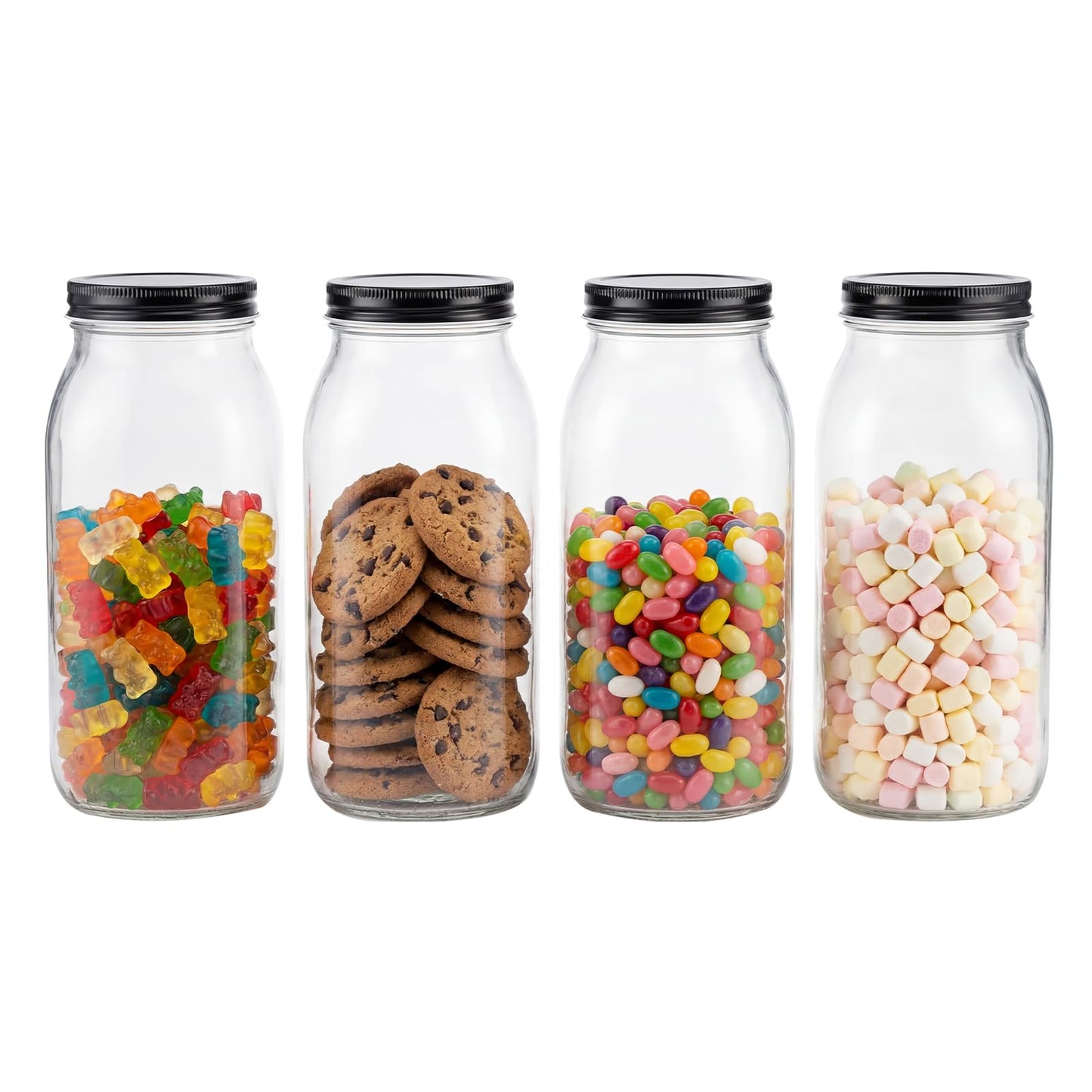 novelinks 64 oz Large Plastic Mason Jars with Airtight Lids, 4 Pack Big Jars Wide Mouth and Plastic Storage Containers for Pantry, Pickle, Sauce, Sugar (4 Pack,Black)
