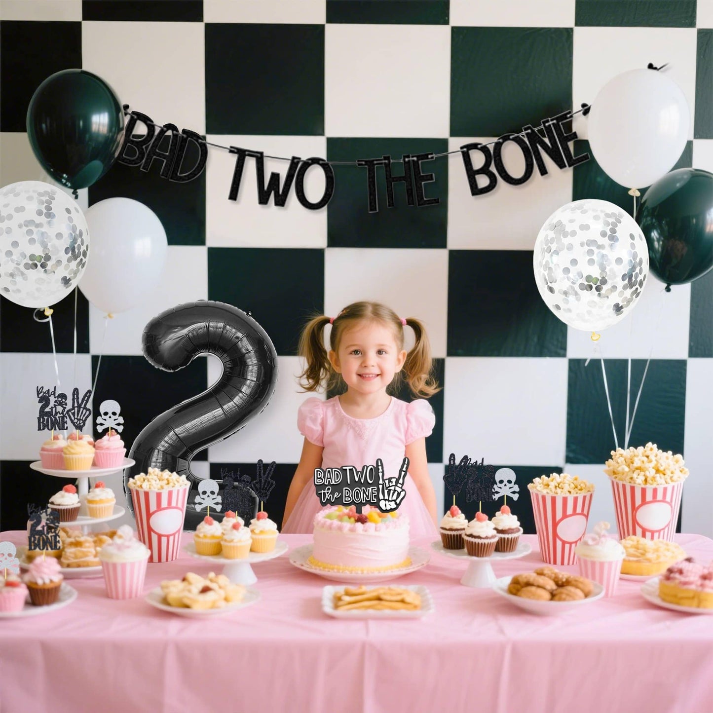 Bad Two The Bone Birthday Decorations,Include Banner Cake Toppers Cupcake Toppers,Party Music Themed Decorations with Balloons for Skeleton Rock and Roll Birthday(Black and White Balloons)