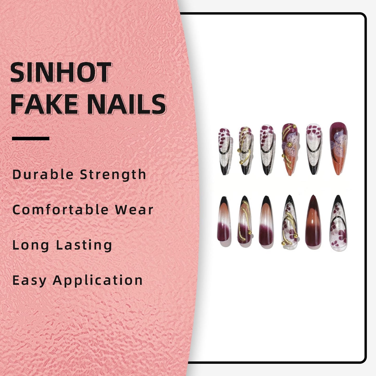 SINHOT Stiletto Press on Nails Long - Long Fake Nails, Glossy Finish, 3D Flowers & Gold Chrome, DIY Artificial False Nail Art - 24 Pcs Nail Kit with Glue