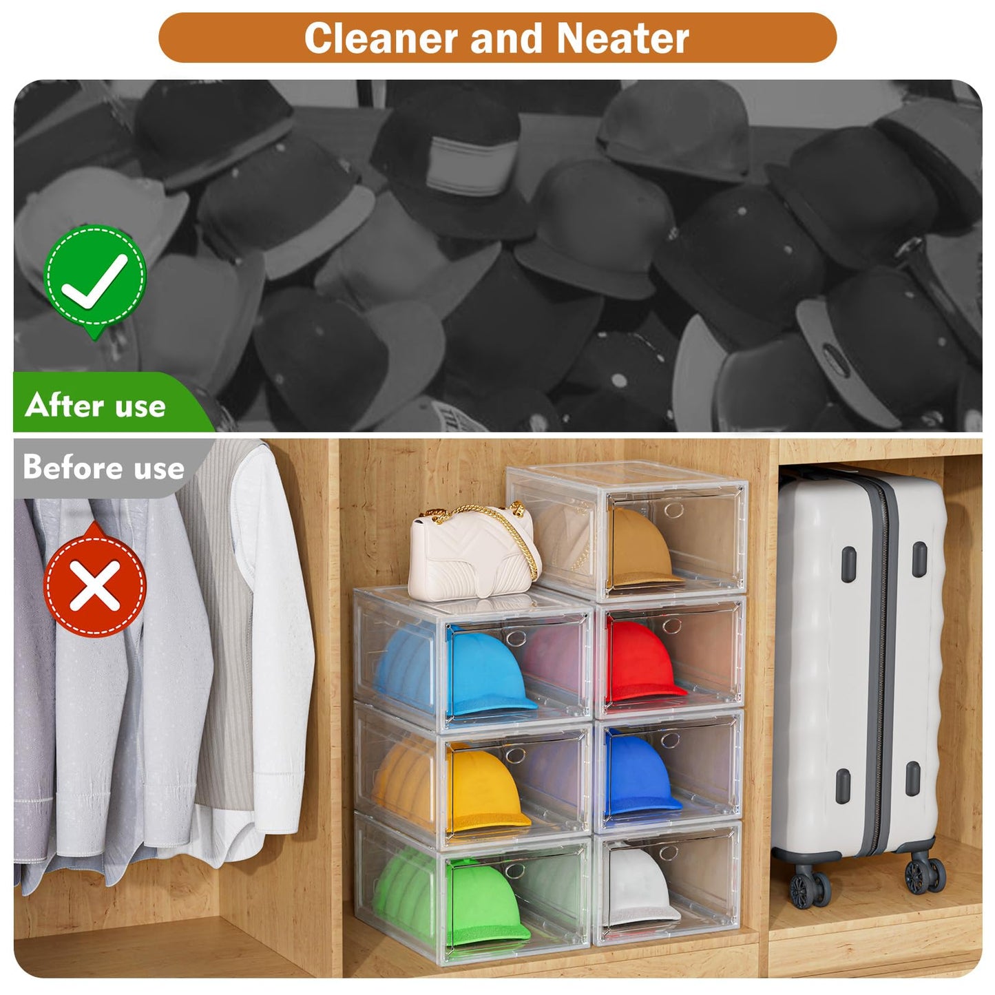 YKLSLH Hat Organizer Box, 6 Boxes for 40 Pack Hats, Upgrade Harder Solid Plastic Hat Organizer for Baseball Caps, Clear Hat Storage with Magnetic Door, Hat Rack Holder Case, White