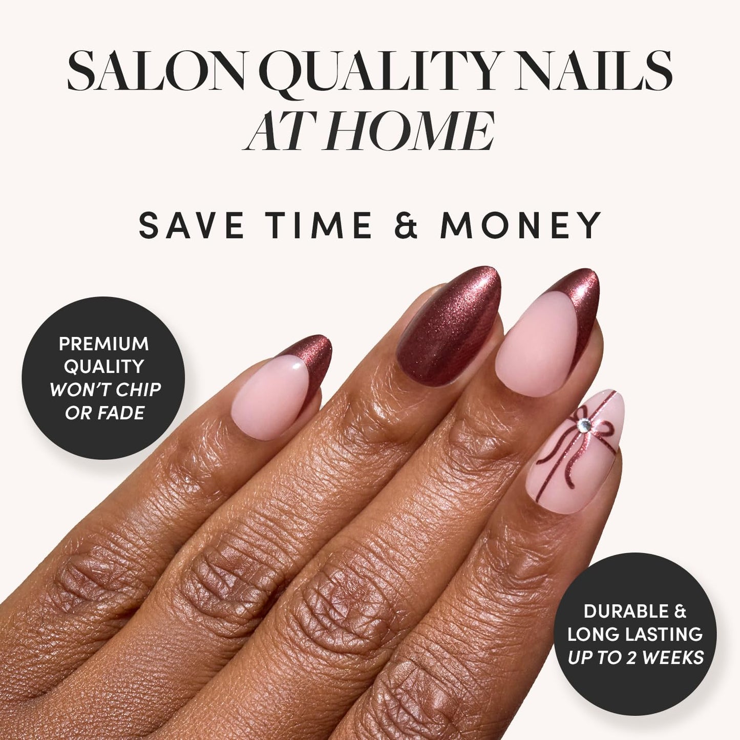 Glamnetic Press-On Nails Bundle - Ruby Ribbons & She's A Gift | Short Almond Fake Nails with Red French Tips & 3D Bows | Short Almond Fake Nails in Burgundy Chrome with French Tips and Ribbon Designs