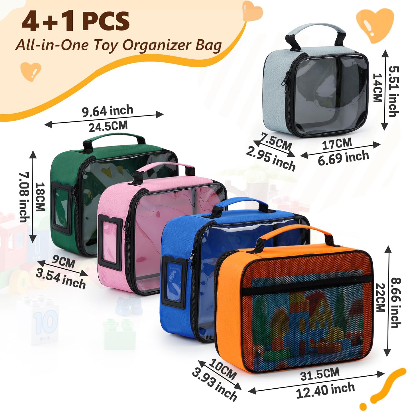 5 Pack Toy Storage Bags for LEGO & Building Blocks, Clear Toy Bins with Instruction Mesh Pocket & Label Window, Waterproof Zipper Pouches for Nursery Organization, Crafts, & Books (C)