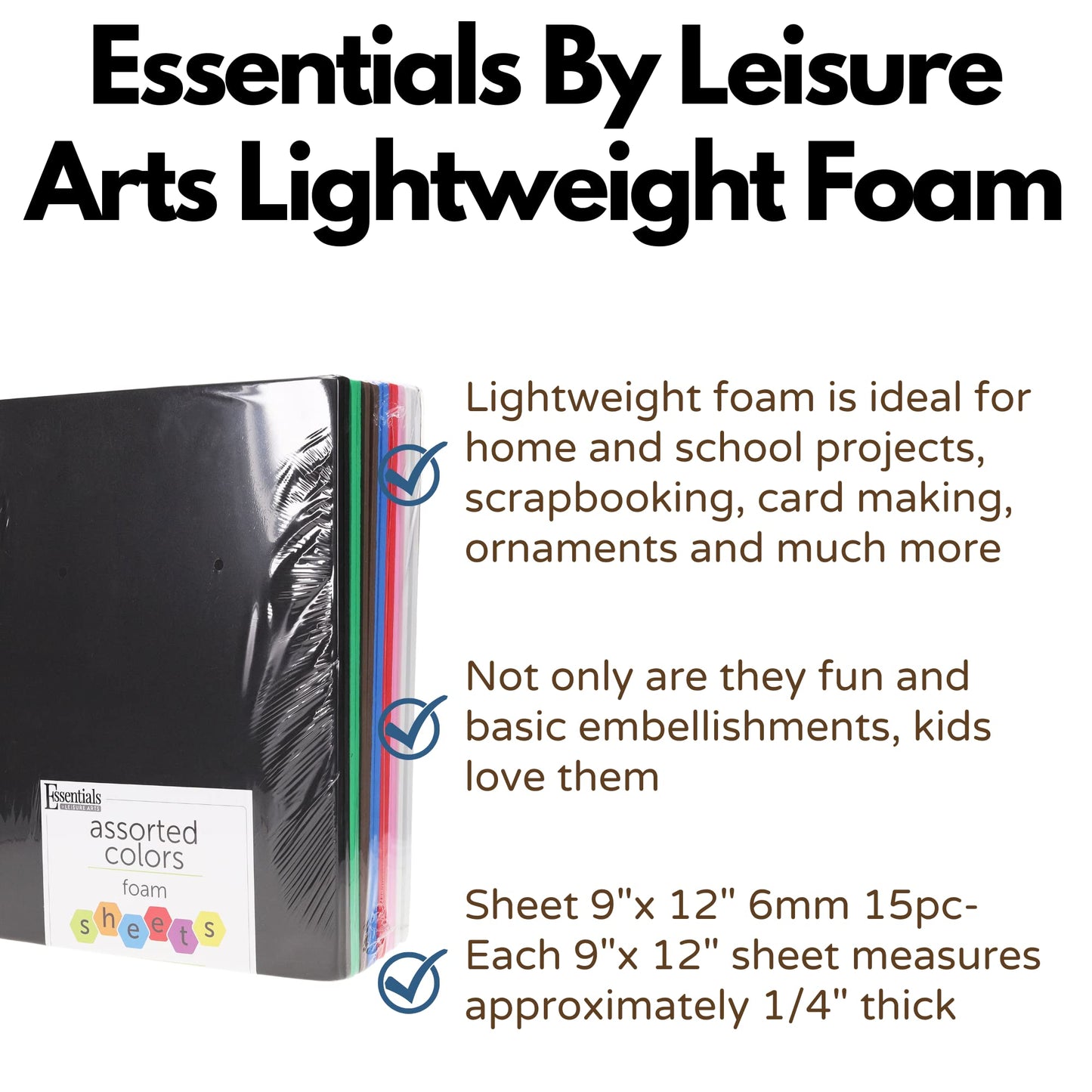 Essentials by Leisure Arts Foam Sheets 9 x 12 Assorted, 15mm, 15 Pc - Craft Foam for Kids, DIY Art Projects, Green Craft Sheets for Crafts, Classrooms, and Decorations