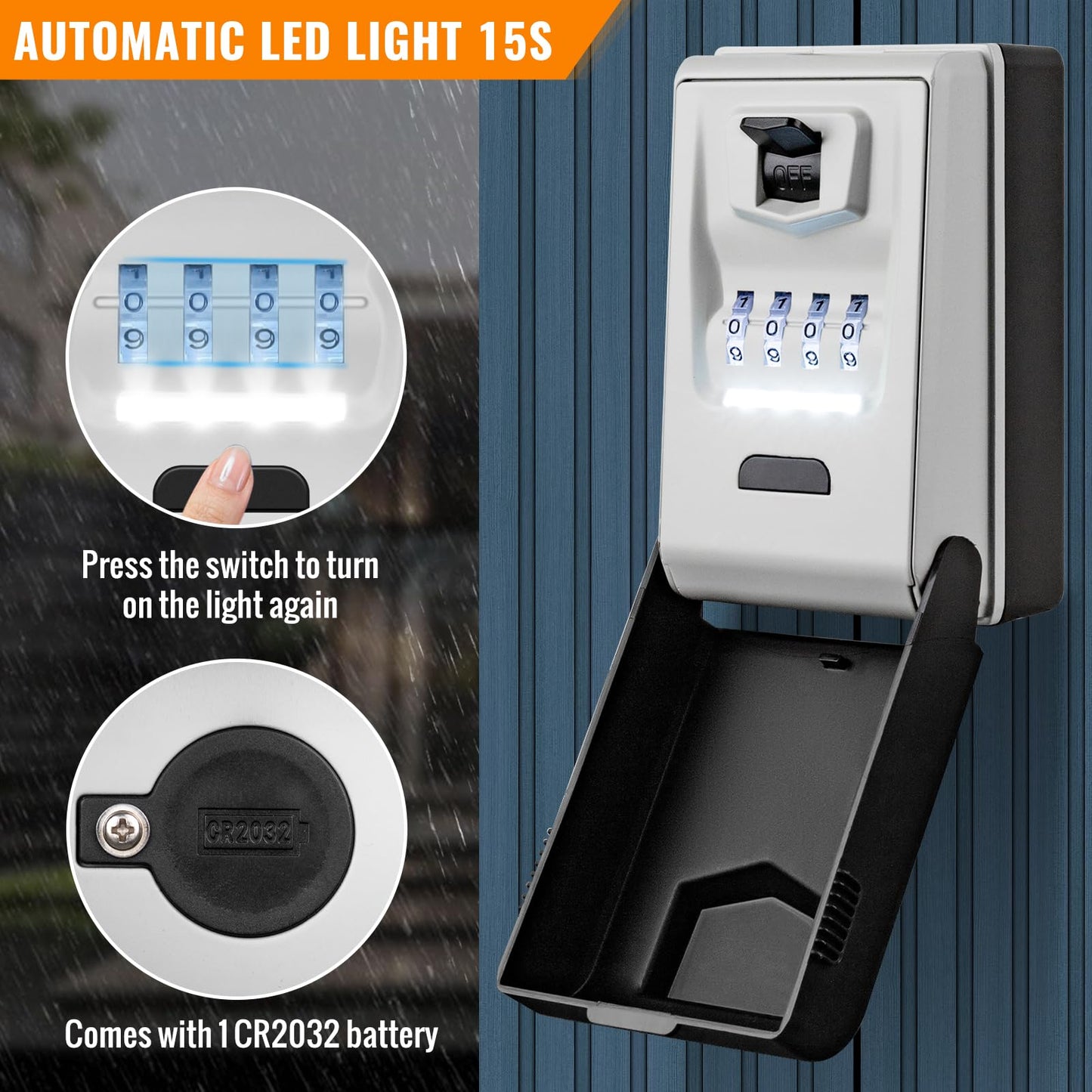 HUANLANG Key Lock Box Wall Mount - Outdoor Combination Lock Box with 6 Dials Light Up, Waterproof Key Safe Large Capacity for House Office Garage School