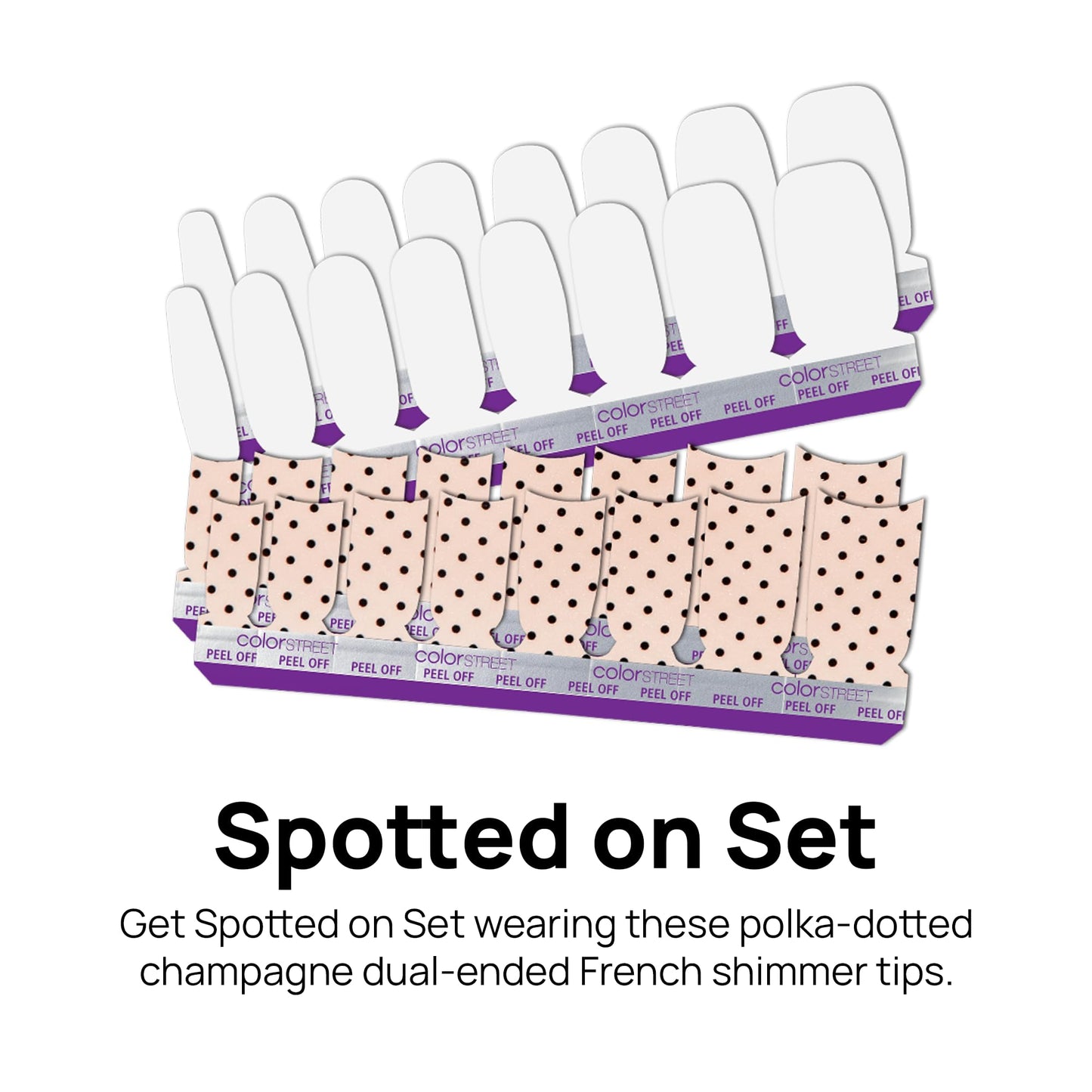 Color Street - Spotted on Set - Champagne French Tip Nails with Black Polka Dots, Real Nail Polish Strips, Shimmer Style Manicure - 16 Double-Ended Strips