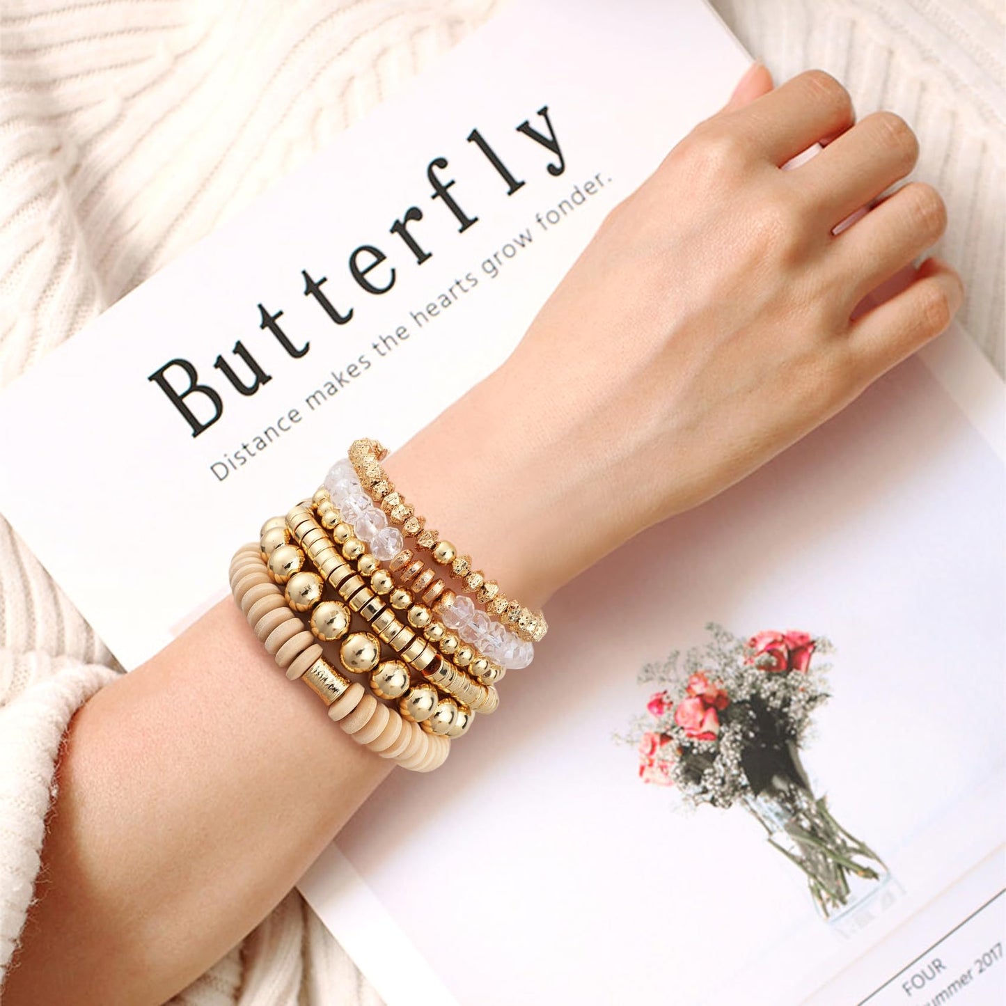 GOOJIDS Simple Beaded Gold Plated Bangles Bracelet Chunky Bamboo Tube Curved Stacking Clear Acrylic Colorful Beads Stretchable Gold Plated Bracelets Set For Women
