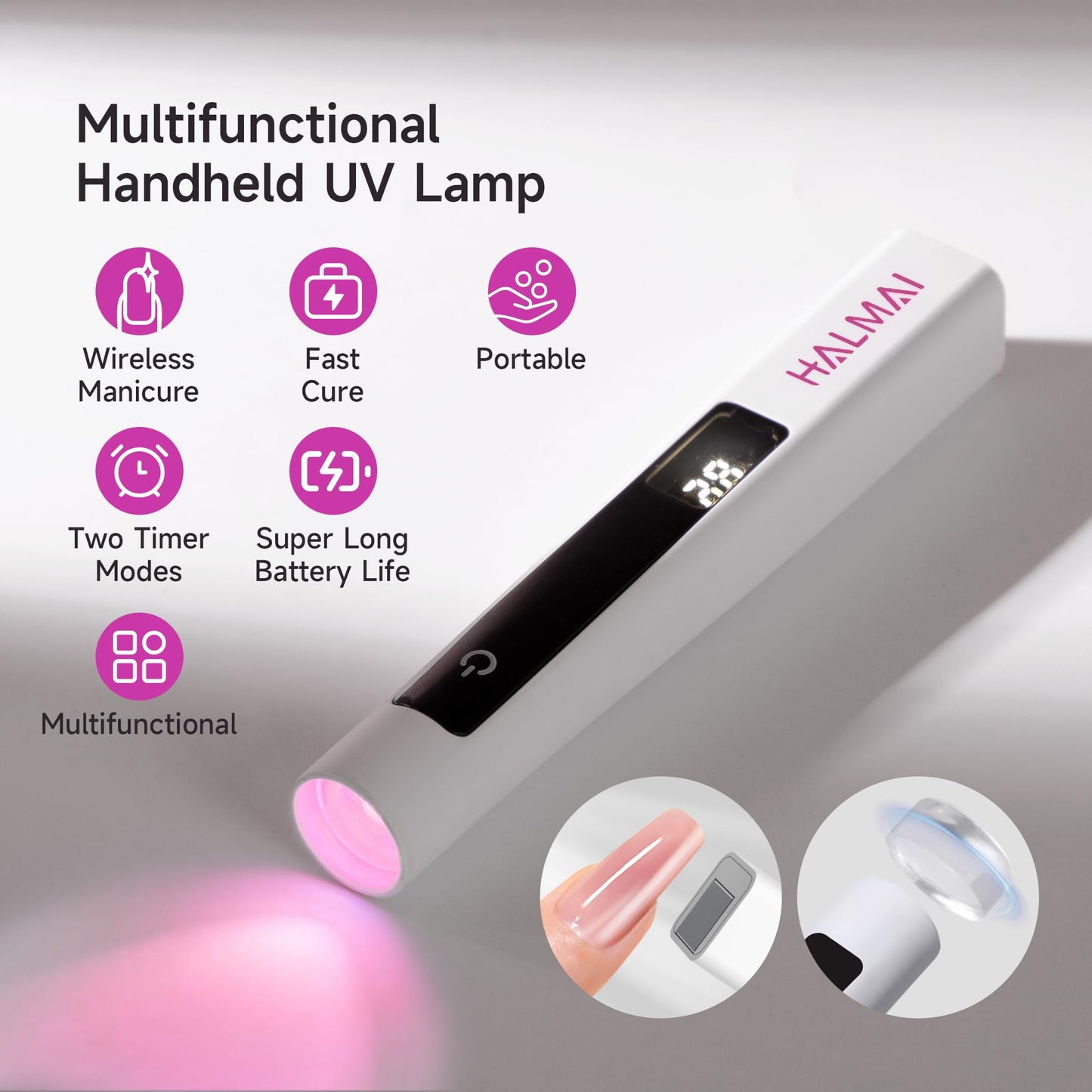 Halmai Handheld UV Nail Lamp for Gel Polish,Portable Mini Red Light with LED,Cordless Rechargeable USB Dryer,At-Home Manicure Salon Tool with Fingernail Curing,Nail Stamping & Cat Eye Magnet (White)