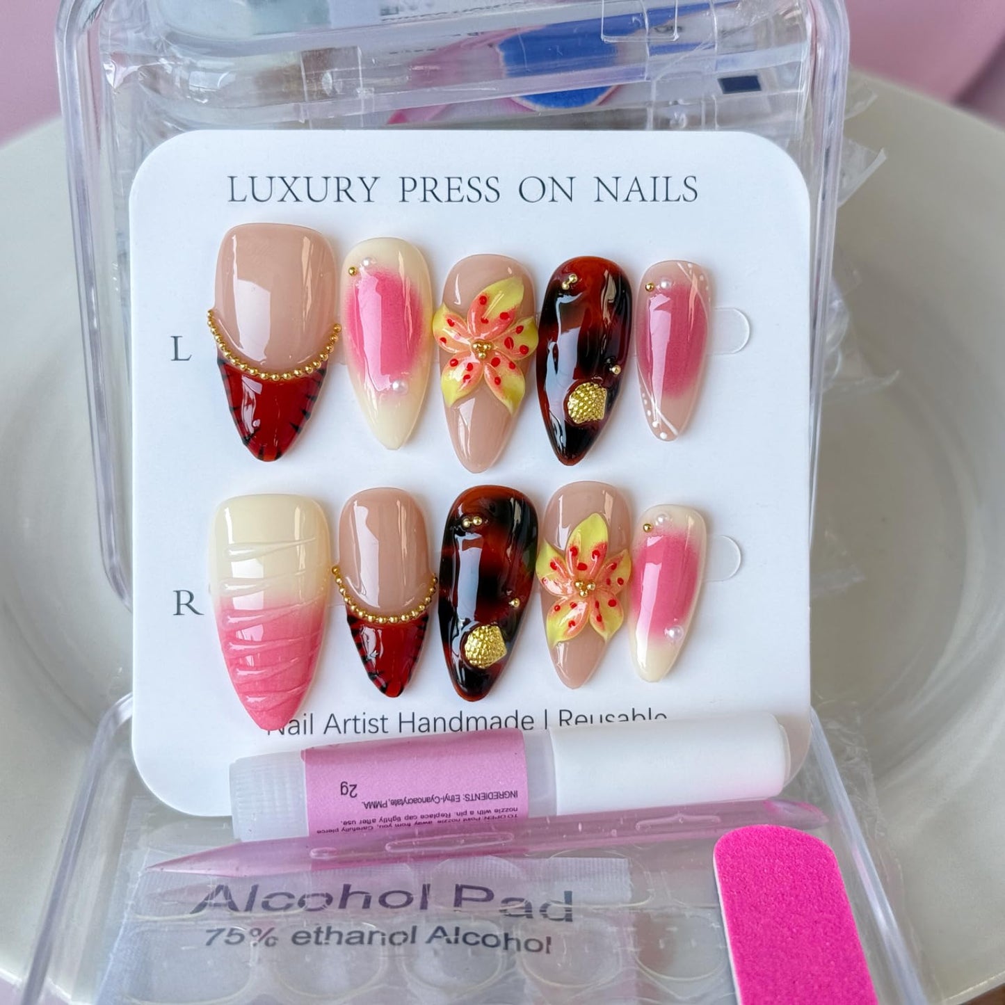 Haozerart Luxury Handmade Press On Nails Medium Almond, Red French Tip With Gold Beads, 3D Flower & Gold Shell Glossy Reusable Fake Nails for Women, 10Pcs Size M