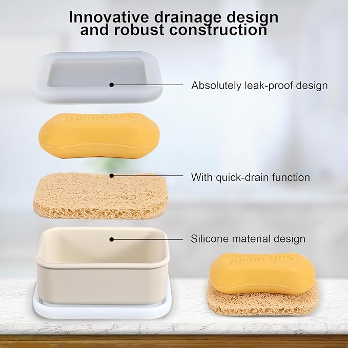 Beige Self-Draining Soap Lift Dish - Travel Soap Case with Bar Holder & Saver