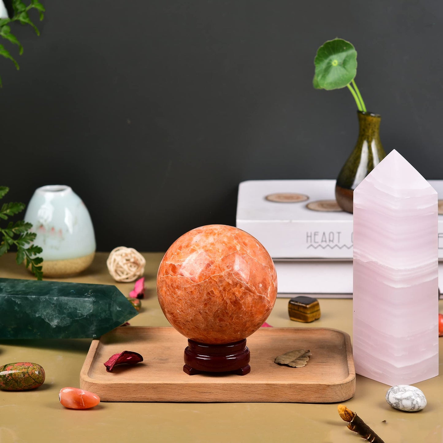 JIC Gem Sunstone Healing Crystals Sphere Ball Natural Rare Sparkling Crystal Sphere Ball Mineral Quartz Stone Ball with Decorative Stand Home Decoration (70-80mm)