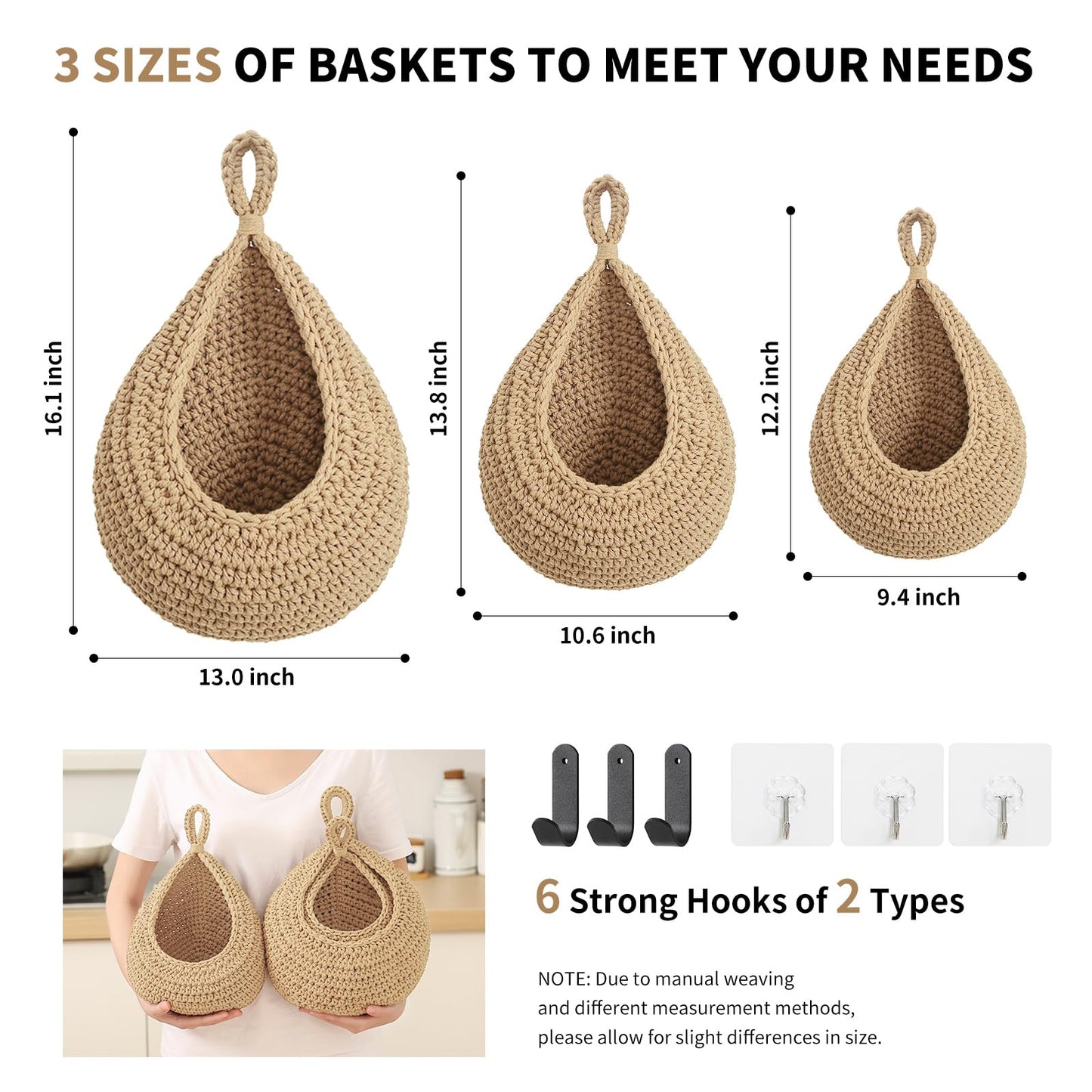Boho Wall Hanging Fruit Baskets for Kitchen 3 Pack Woven Produce Holder with 6 Pcs Strong Hooks Vegetable Hanging Basket for Organizing Teardrop Home Wall Potato Onion Storage, Linen