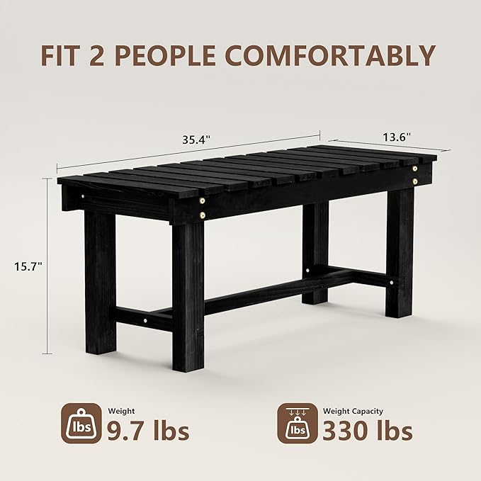 Nidouillet 35.5" Outdoor Garden Bench, Weatherproof Patio Benches 2-Person Seat Backless Wooden Porch Bench, Multifunctional Slat All Weather Bench for Garden Lawn Front Porch Park Backyard (Black)