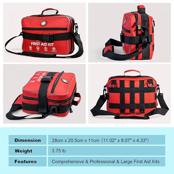 Professional 435 Pieces Large First Aid Kit - Includes Compressed Gauze - Compartments Emergency Medical Kit for Home, Camping, Backpacking, Travel, Boat, Car,Outdoors (Red)