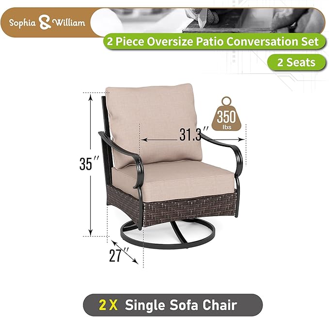 Sophia & William Extra Large Outdoor Patio Swivel Sofa Chairs Set 2 PCS Heavy-Duty Metal Porch Furniture with High Back & Deep Seating Area, 5.5" Thicken Cushions for Deck, Lawn, Outside (Beige)