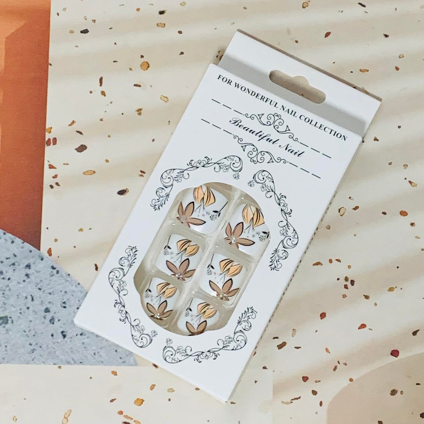 Vezocim Press on Toenails With Brown Flower Designs, 24Pcs Artificial Fake Nails for Toe, Glossy Full Cover Square Acrylic False Toenails, Glue Ons With Charm for Women