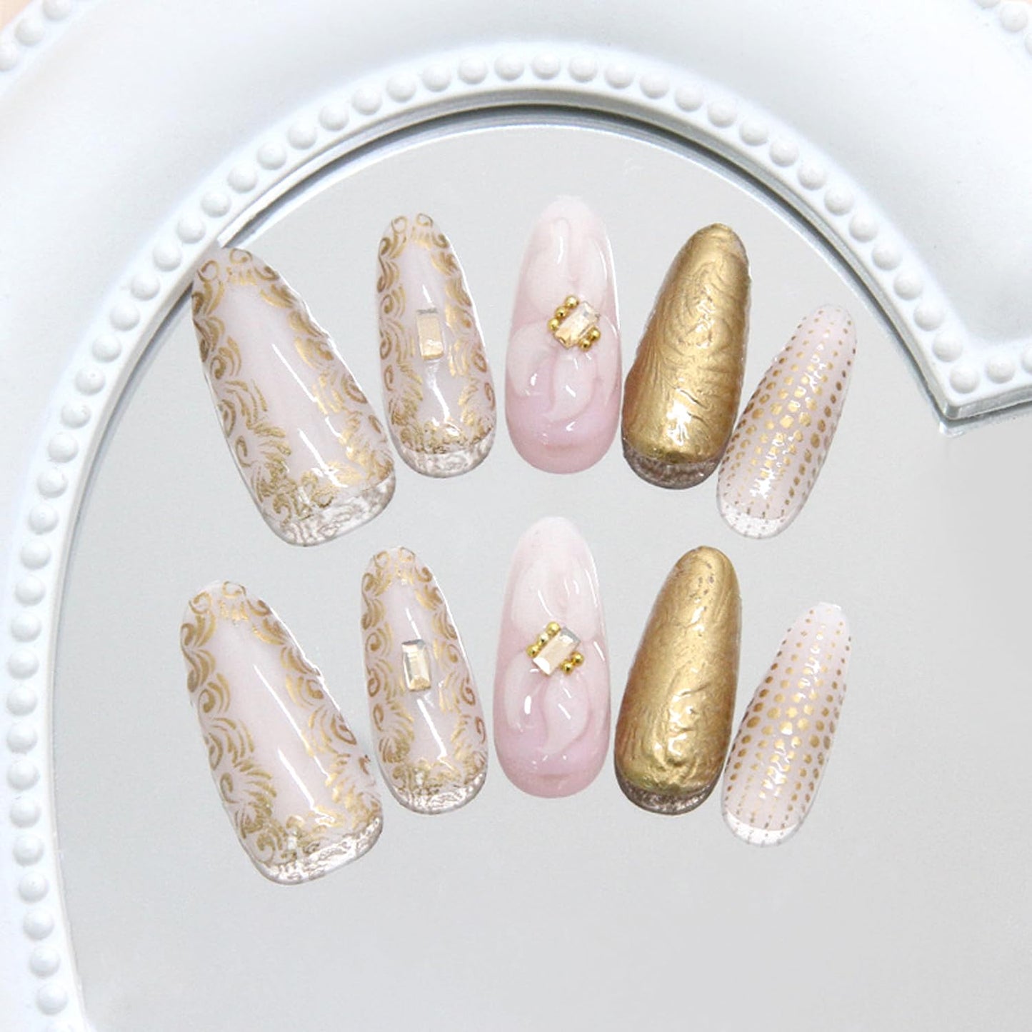 30Pc White Flower Press on Nails Medium Almond Fake Nails with 3D Gems Designs Chrome Gold False Nails Irregular Gilded Lines Full Cover Gold Polka Dots Glossy Gel Artificial Stick on Nails for Women