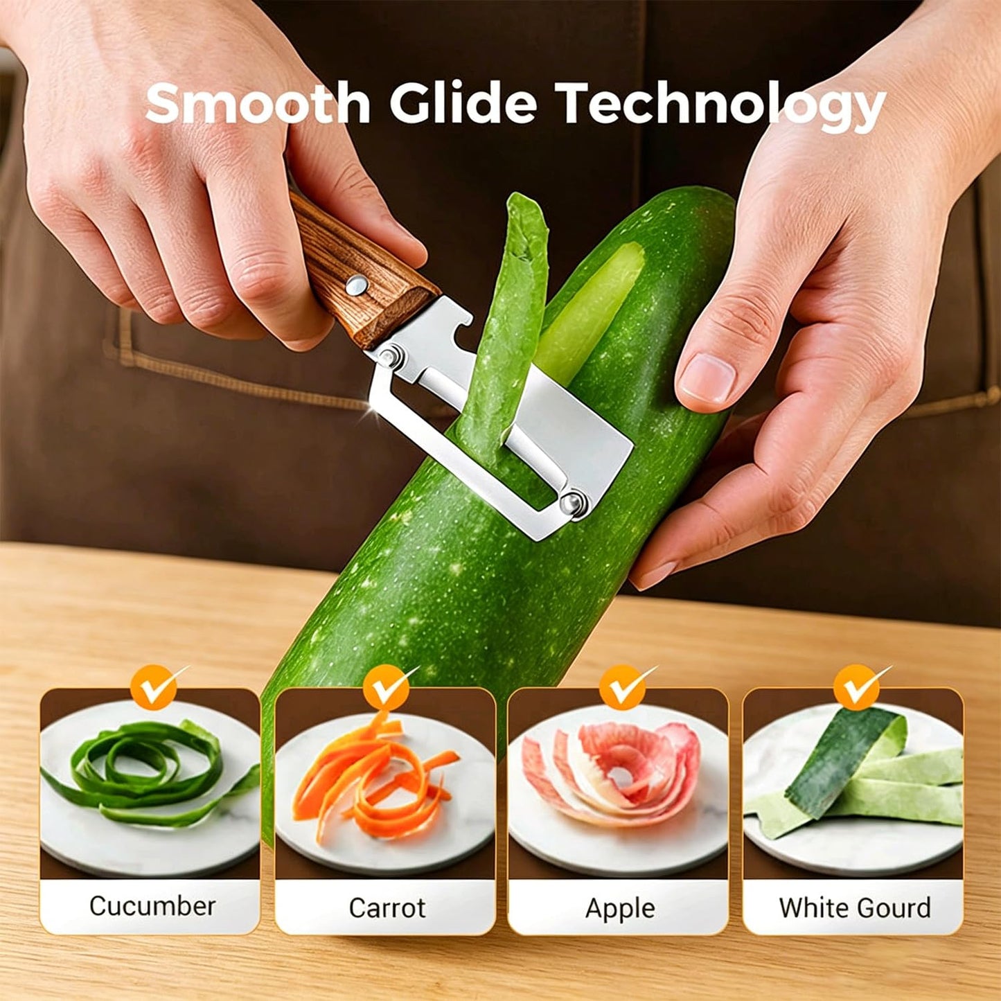 2-in-1 Multifunctional Vegetable Peeler, Premium Vegetable Peeler with Wooden Handle and Bottle Opener, Kitchen Tool for Fruit Apple Potato Pumpkin Papaya (2PCS)