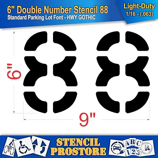 Pavement, Curb, and WheelStop Stencils - 6 inch Double Number Stencil - (88) - 6" x 9" x 1/16" (63 mil) - Light-Duty