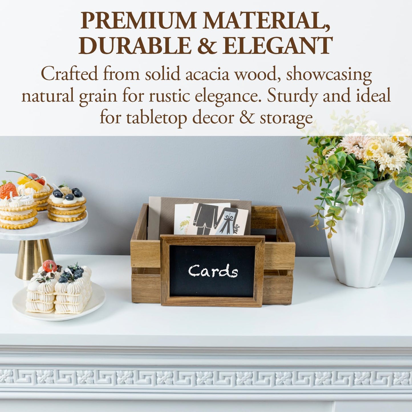 MyGift Premium Acacia Wood Tabletop Decorative Storage Crate, Guest Gift Card Box with Chalkboard Label for Wedding Birthday Graduation Party