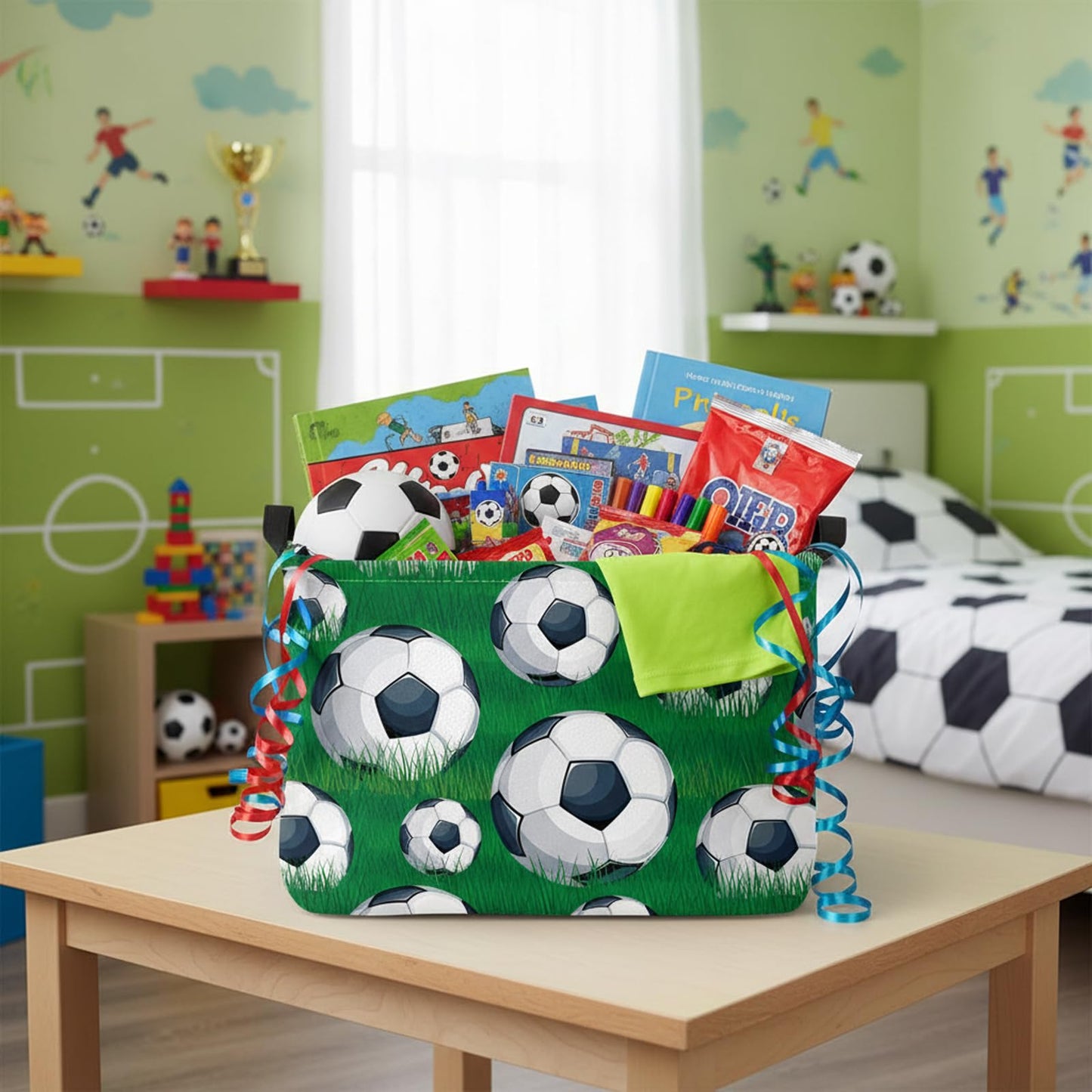 HEFEICZ Kid Rectangular Soccer Basket Baby Toy Storage Bin Organizer Home Room Decor (Green Grass Soccer)