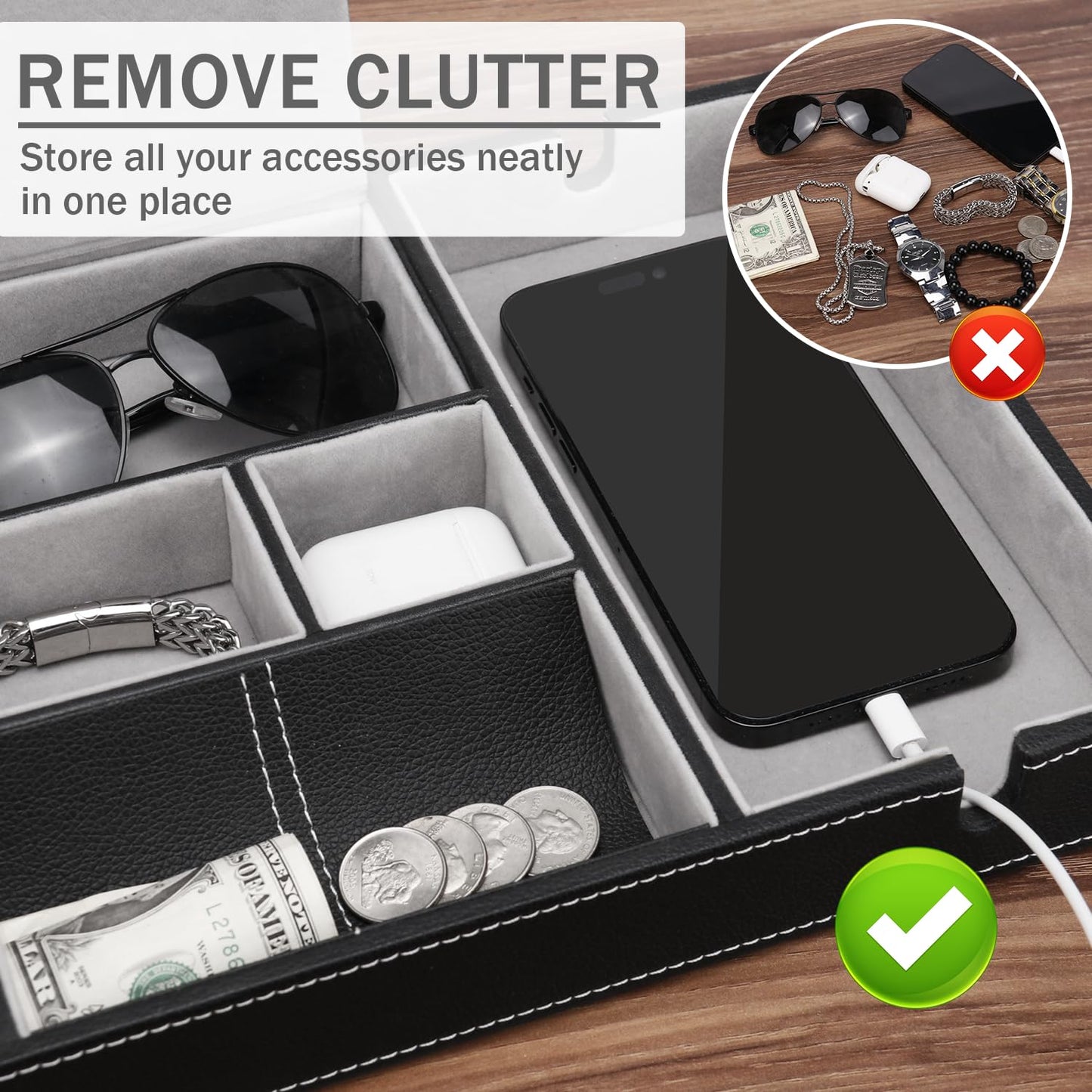 Baoyun Nightstand Organizer Tray,Leather Valet Tray for Men,EDC Catchall with Phone Charging Station,Dresser Top Organizer, 6 Compartments Entryway Box for Wallet, Keys, (Black)