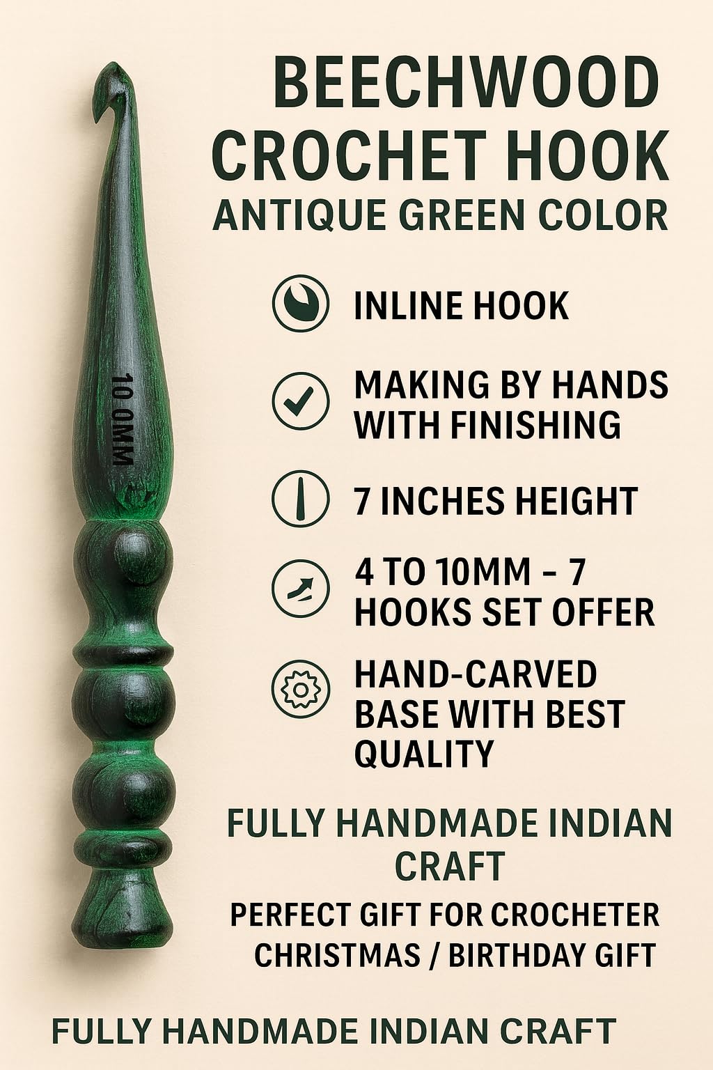 Handmade Ergonomic Wooden Crochet Hooks for Arthritic Hands (Set of 7) Needles for Yarn Accessories | Size 4 mm to 10 mm with Engraved | Yarn Tool (Green)