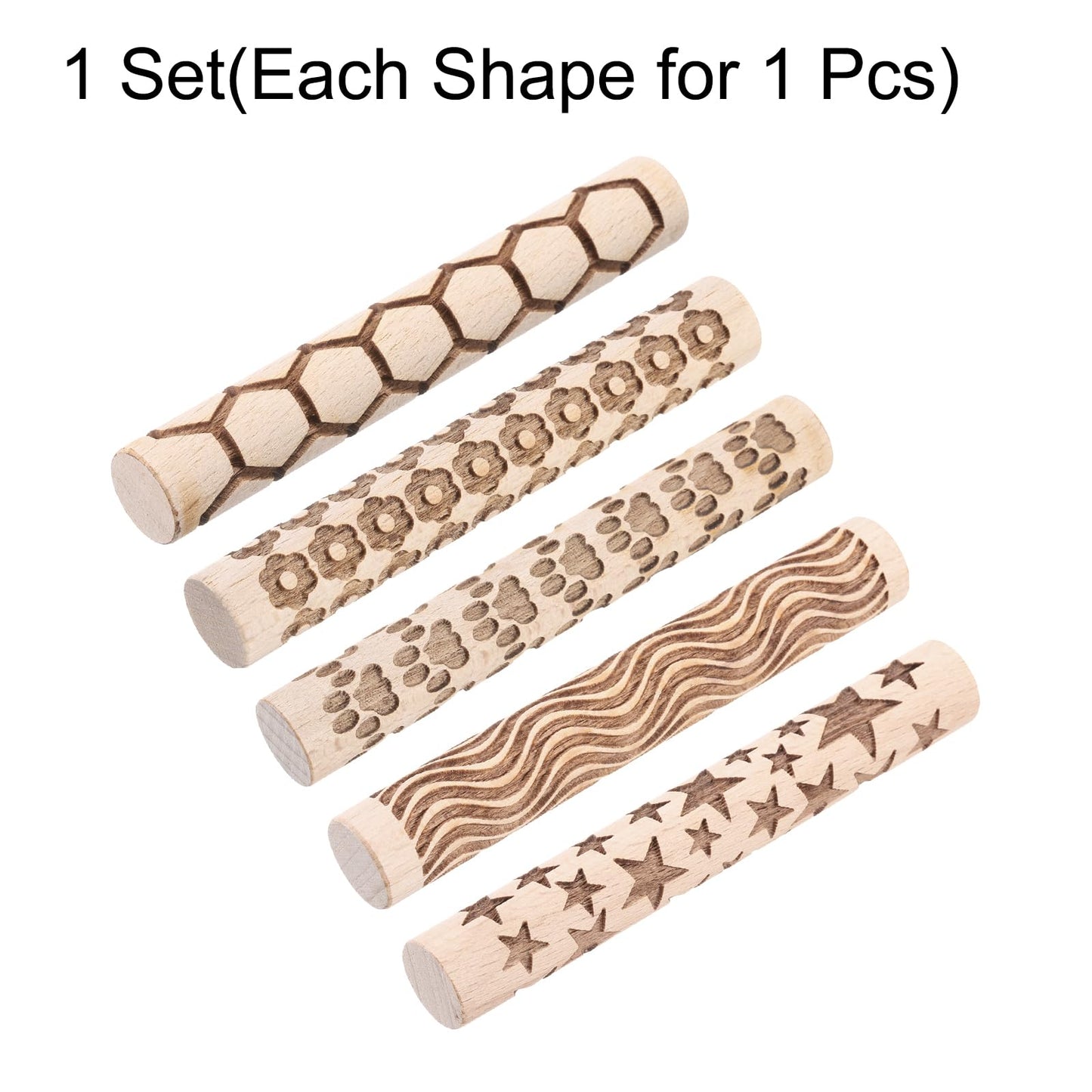 HARFINGTON 5pcs Wood Clay Roller 4"Lines Flower Paw Print Hexagon Star Pattern Rolling Pins Pottery Tools Wood Grain Texture Rollers for Clay Baking Dough Playdough DIY