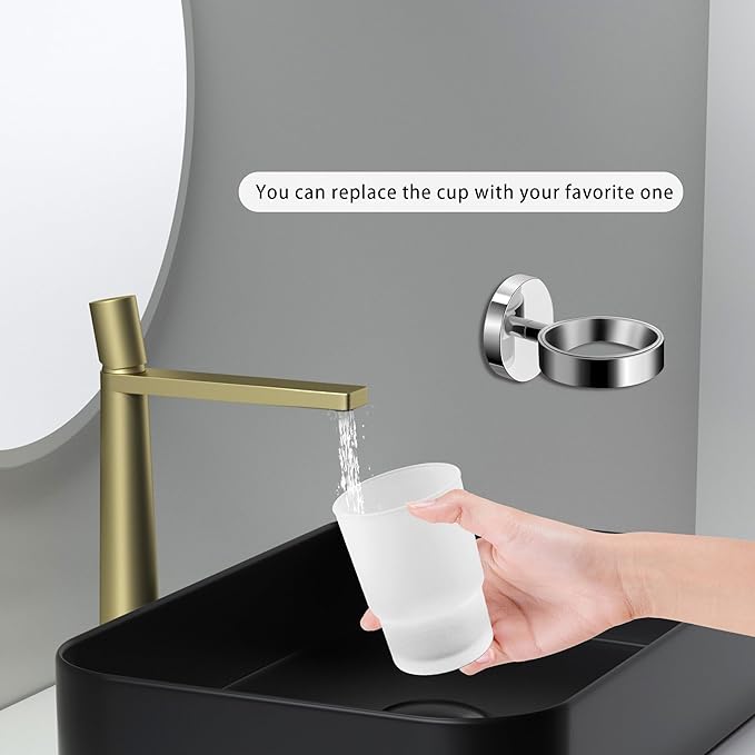Wall Mount Toothbrush Holder with Frosted Glass Cup, Toothbrushes Toothpaste Razor Storage Organizer (Single)