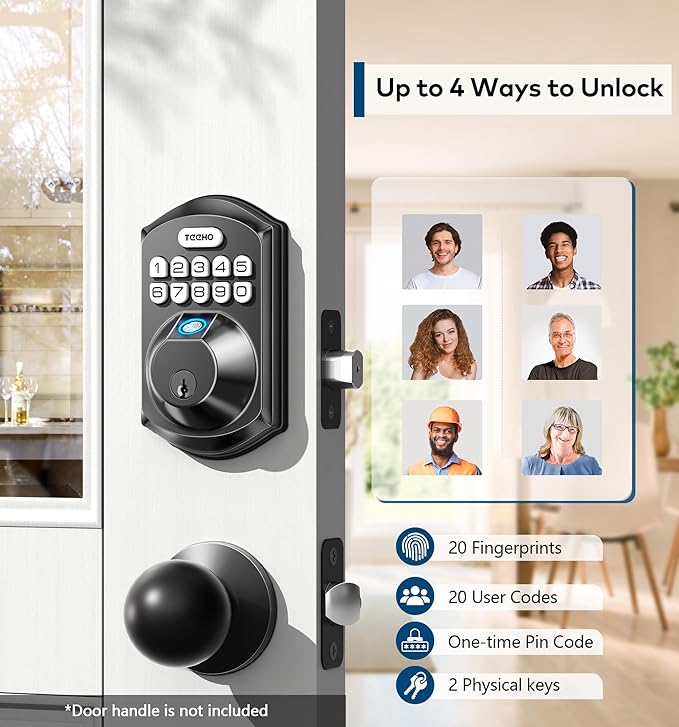 TEEHO TE002 Fingerprint Door Lock - Keyless Entry Electronic Keypad Deadbolt with 2 Backup Keys - Auto Lock - Easy Installation - Smart Locks for Front Door - Matte Black