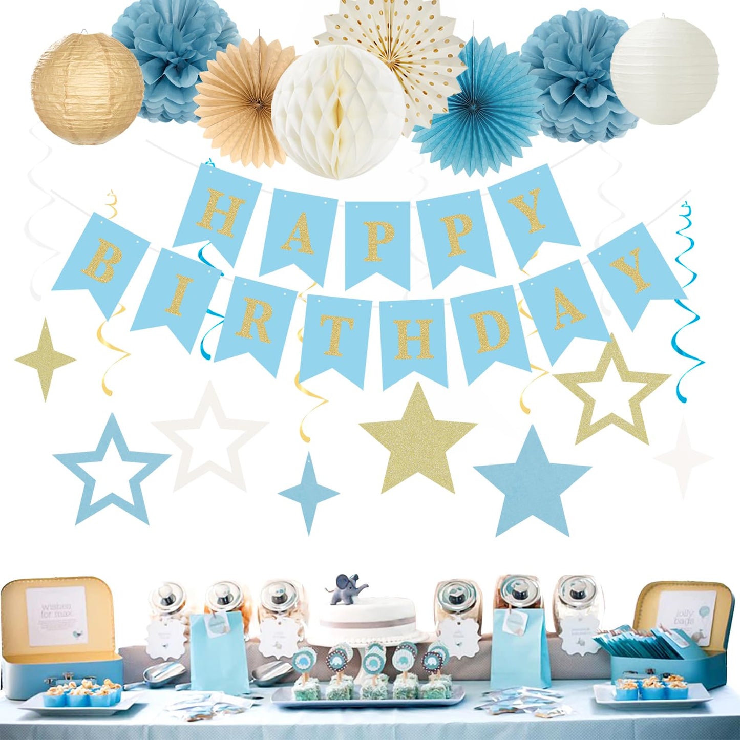 Light-Dusty Blue Beige-Champagne Birthday Party-Decorations - 19pcs Boho Neutral Streamers Banner,Paper Star Garland Lanterns Honeycomb Fan,Tissue Pom Poms,Wall Ceiling Backdrop Supplies Ouruola