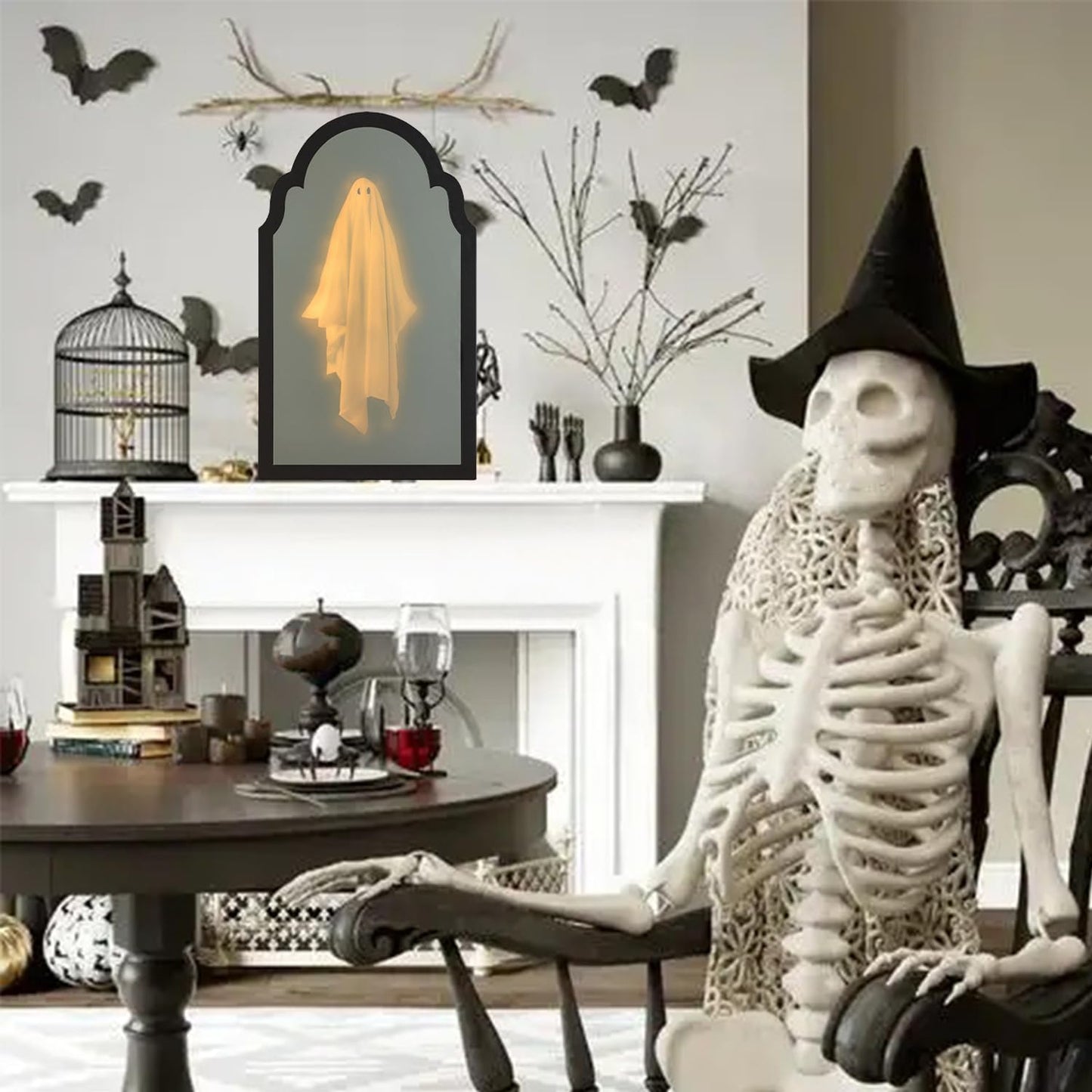 QIPECO Halloween Hologram Ghost Mirror with Creepy Eyes Night Light,Halloween Ghostmirror Spooky Halloween Haunted House Decor,Black Wood Frame (L)