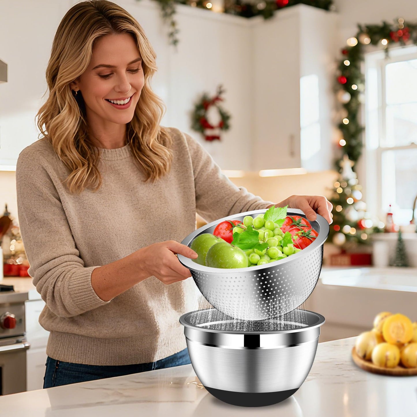 DUTZUN Mixing Bowls with Lids Set - 16pcs Stainless Steel Mixing Bowl Set with Colander, 3 Grater Attachments, Non-Slip Bottom, Metal Nesting Bowls with Strainer for Mixing & Serving - Black