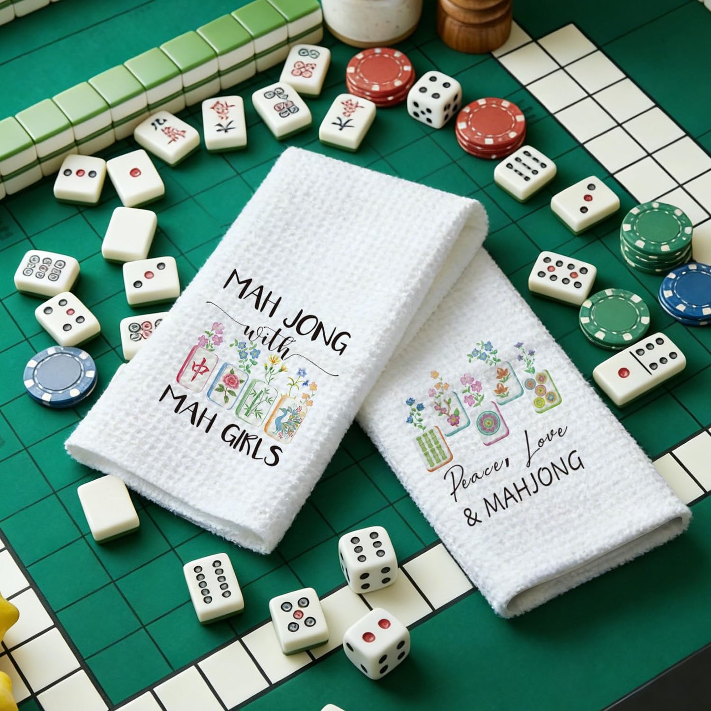 Bogatstvo Mahjong Gifts Dish Towels for Women Friends, Set of 2 Floral Mahjong Decorative Waffle Weave Kitchen Towels for Home Bar Bathroom, Housewarming Birthday Mothersday Gifts, Peace Love & Mahj