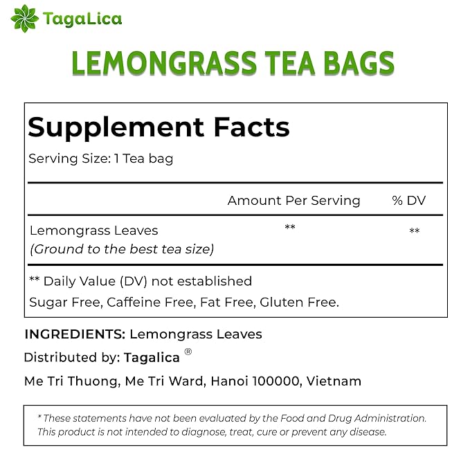 Tagalica, Premium 55 Lemongrass Tea Bags, 100% Natural & Pure Lemongrass leaves, Eco-Conscious Tea Bags, Lemongrass Herbal Tea. Lemongrass Leaf Tea. No Sugar, No Caffeine, No Gluten, Vegan.