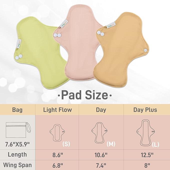 Langsprit Cotton Reusable Period Pads for Women, Washable Pads Menstrual, Regular Absorbency Cotton Cloth Menstrual 3pcs Set with Mini Wet Bag, Suitable for Menstrual Period